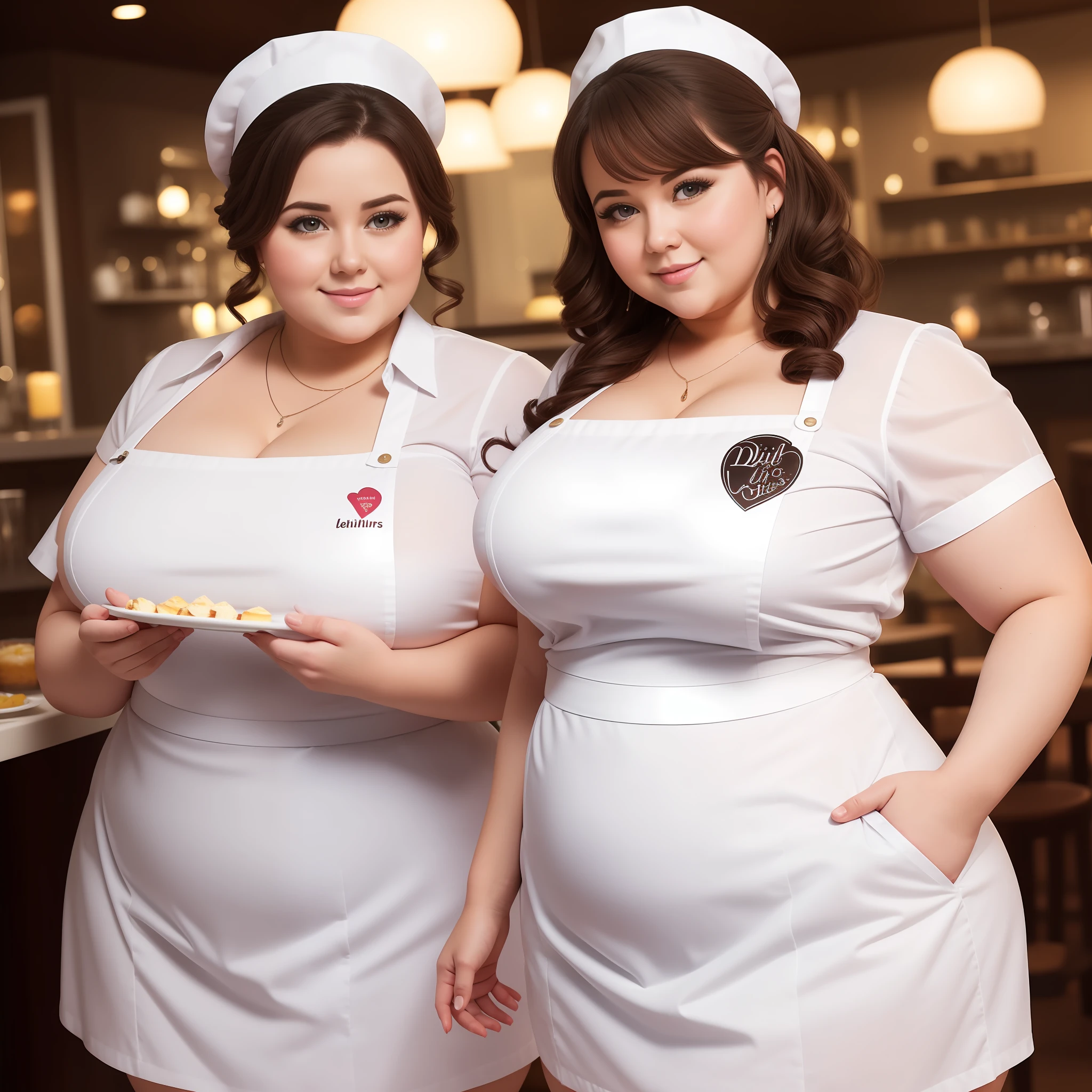 A chubby waitress with a white outfit written on her "Delights of Lê"