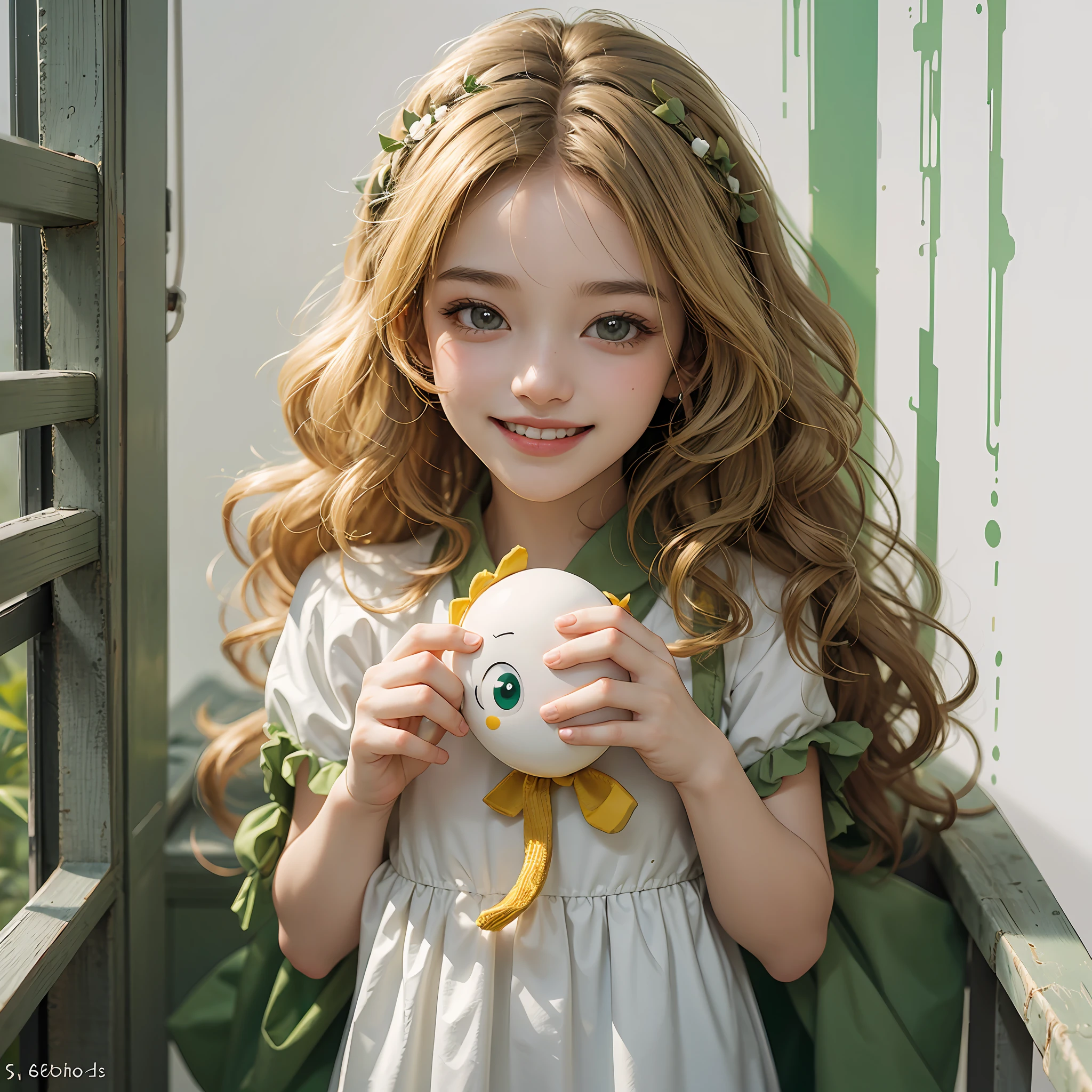adventurous girl on white background, eating green olives, happy, smiling, various poses and expressions, realistic children's book illustration style, cute, 6 years old, colors, blonde, long curly hair, plain color, green dress, short sleeve - on white background --auto --s2