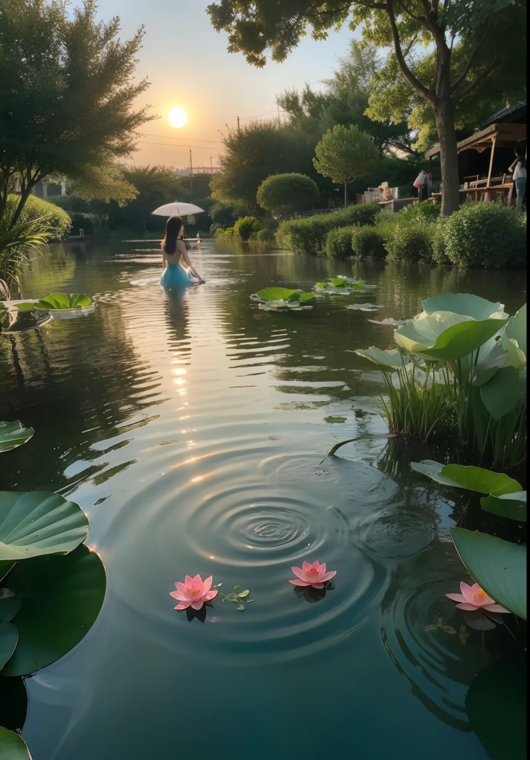1girll,(Green dress),(Lotus pond),(water lily mat),(lotus flower:1.3),(Paper fan),(floating leaf),(ventania),(Lie down),(Transparent water:1.1),(rays of moonlight:1.3),(peacefulatmosphere:1.4),(wide wide shot),(from the above),(green colored theme:1.2),She lies in the middle of a lotus pond,glittery,Perfect match with the surrounding landscape。 beautiful night,Moonlight reflected in the water,Creates a peaceful atmosphere。 from the above,Viewers can see water lily pads and lotus flowers around her,There is a mysterious light underwater that illuminates the fish swimming gracefully around her。 Many blue butterflies danced around the girl,The green theme dominates the scene,Emerald and emerald tones highlight the natural beauty of the pond。 Rippled water and moonlight add to the tranquil mood,Make it the perfect place to relax and reflect。