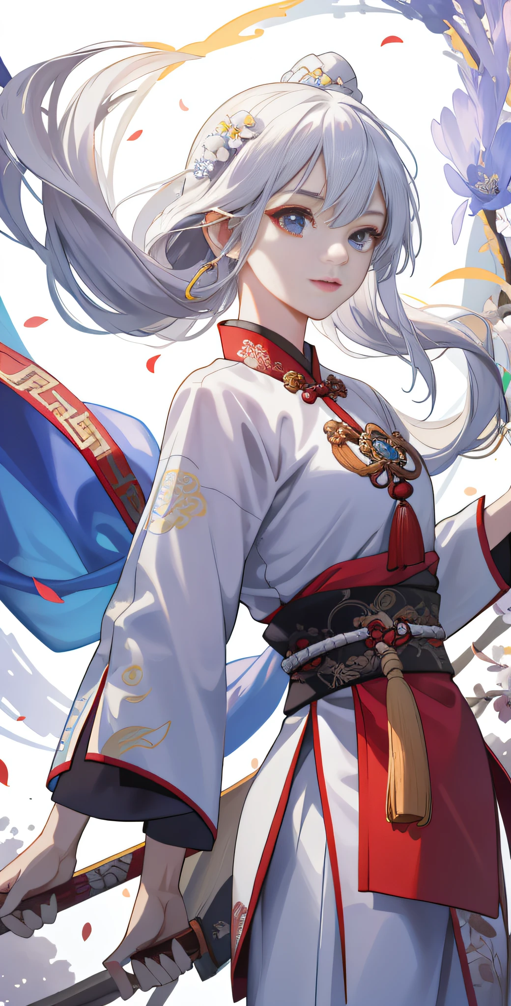 one-girl， Ancient Chinese clothing， full bodyesbian， rays of sunshine， Clear face， Clean white background， tmasterpiece， whaite hair，White gloves，super detailing， Epic composition， hyper HD， high qulity， extremely detaile， offcial art， Uniform 8k wallpaper， super detailing， 32k