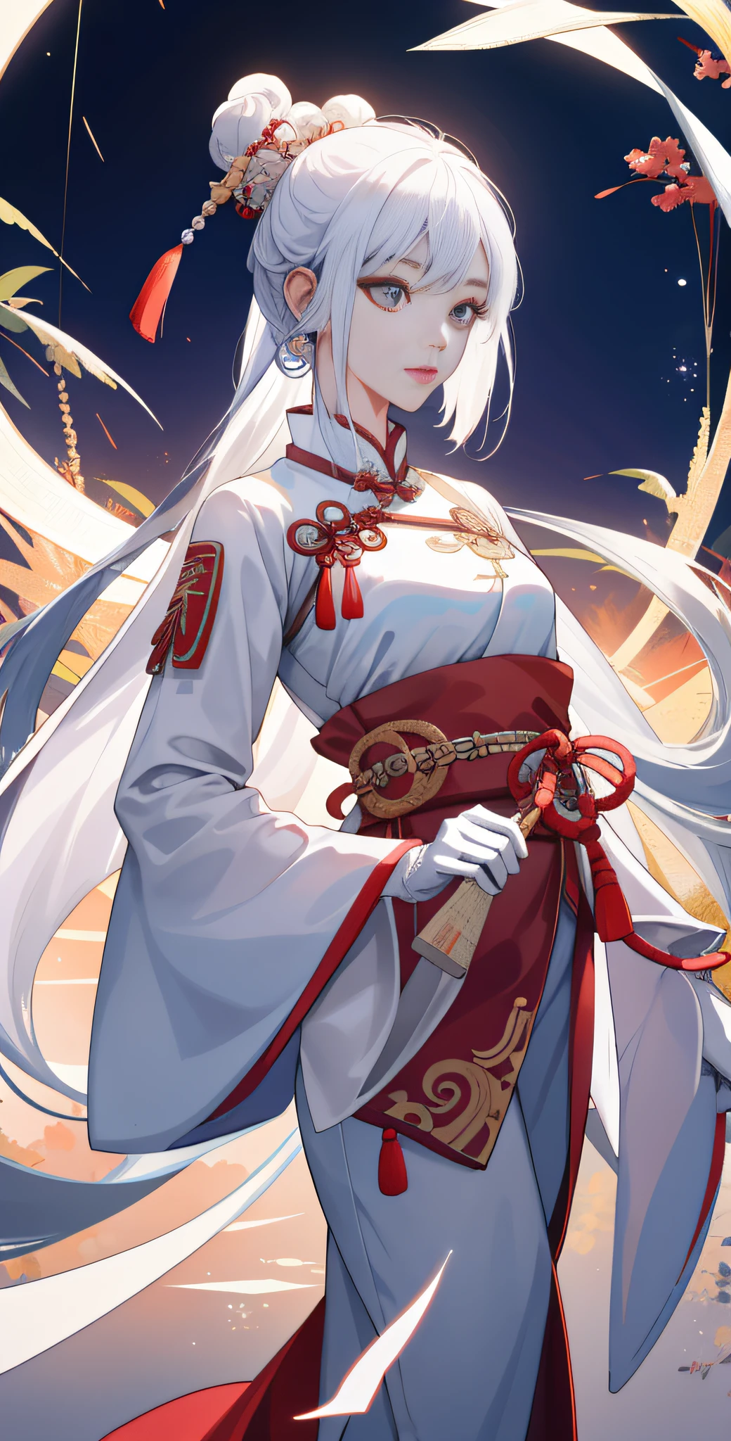 one-girl, Ancient Chinese clothing, full bodyesbian, rays of sunshine, Clear face, Clean white background, tmasterpiece, whaite hair,White gloves,super detailing, Epic composition, hyper HD, high qulity, extremely detaile, offcial art, Uniform 8k wallpaper, super detailing, 32k