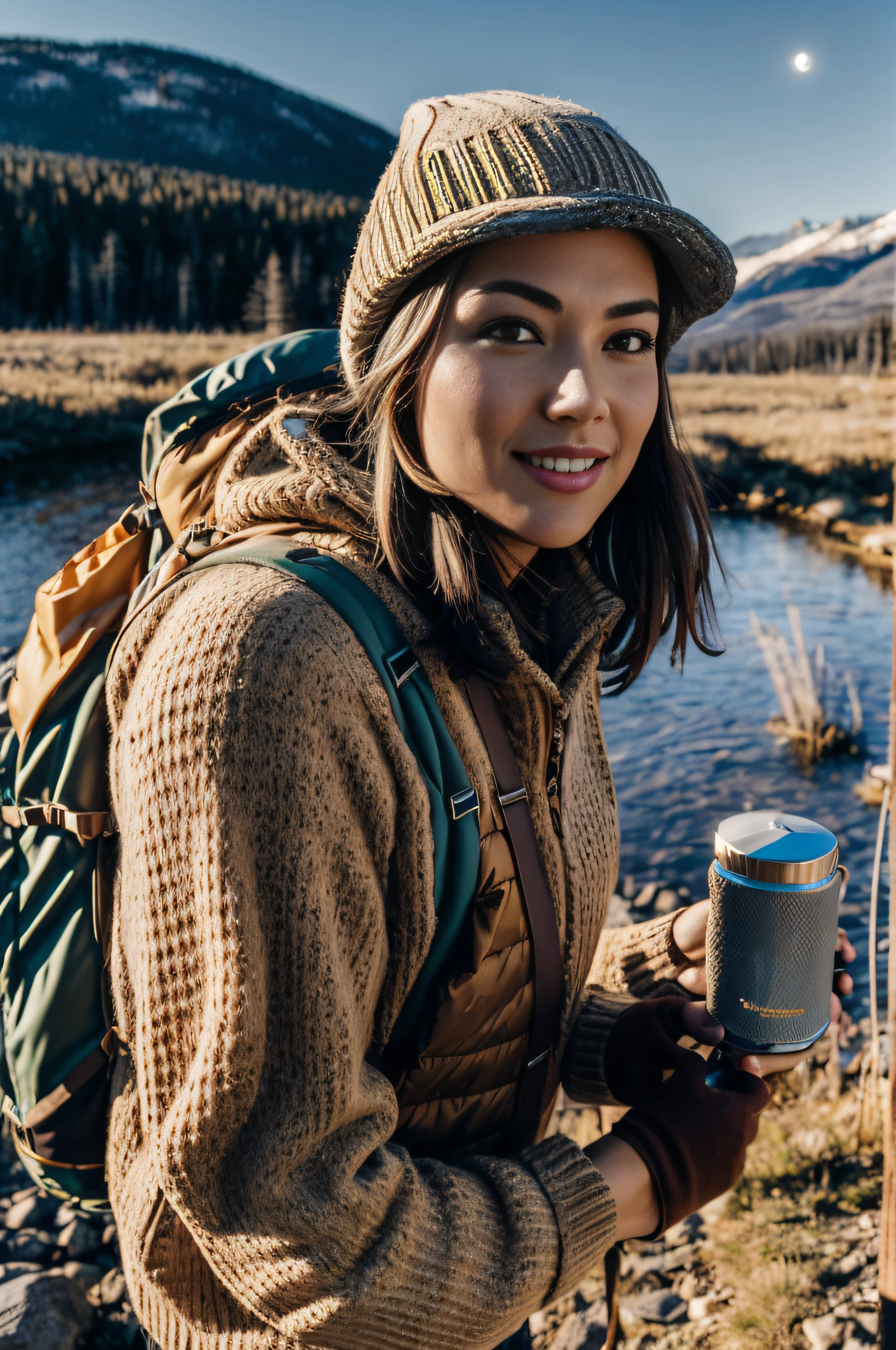 VeronicaCipher ((upper body selfie, happy)), masterpiece, best quality, ultra-detailed, solo, outdoors, (night), mountains, nature, (stars, moon) cheerful, happy, backpack, sleeping bag, camping stove, water bottle, mountain boots, gloves, sweater, hat, flashlight, forest, rocks, river, wood, smoke, shadows, contrast, clear sky, analog style (look at viewer:1.2) (skin texture) (film grain:1.3), (warm hue, warm tone) :1.2), close up, cinematic light, sidelighting, ultra high res, best shadow, RAW, upper body, , wearing pullover
kodak vision 3,