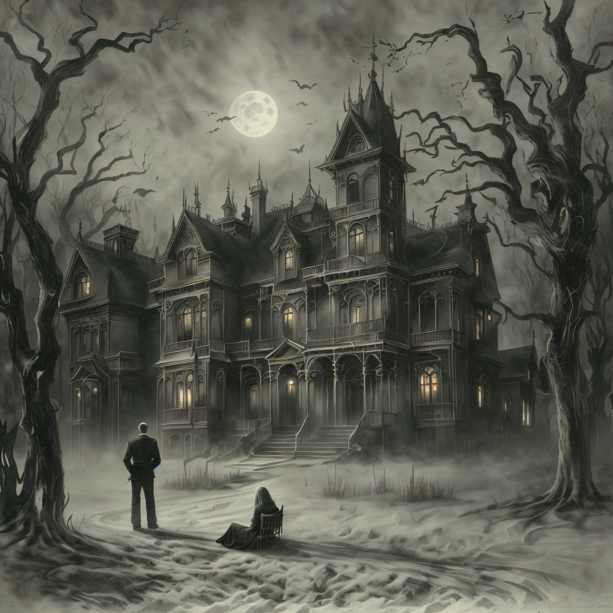 There is a painting，A man and a woman sat in front of the house, spooky mansion, Southern Gothic art, Inspired by Ivan Kramskoy, Moonlight, haunted house, Scary scene, horror scene, elegant horror artwork, Southern Gothic scene, Retro horror art, inspired by Harvey Dunn, Haunted painting, darkly, Vampire, arte de terror, Haunting atmosphere，with black background，with black background，with black background