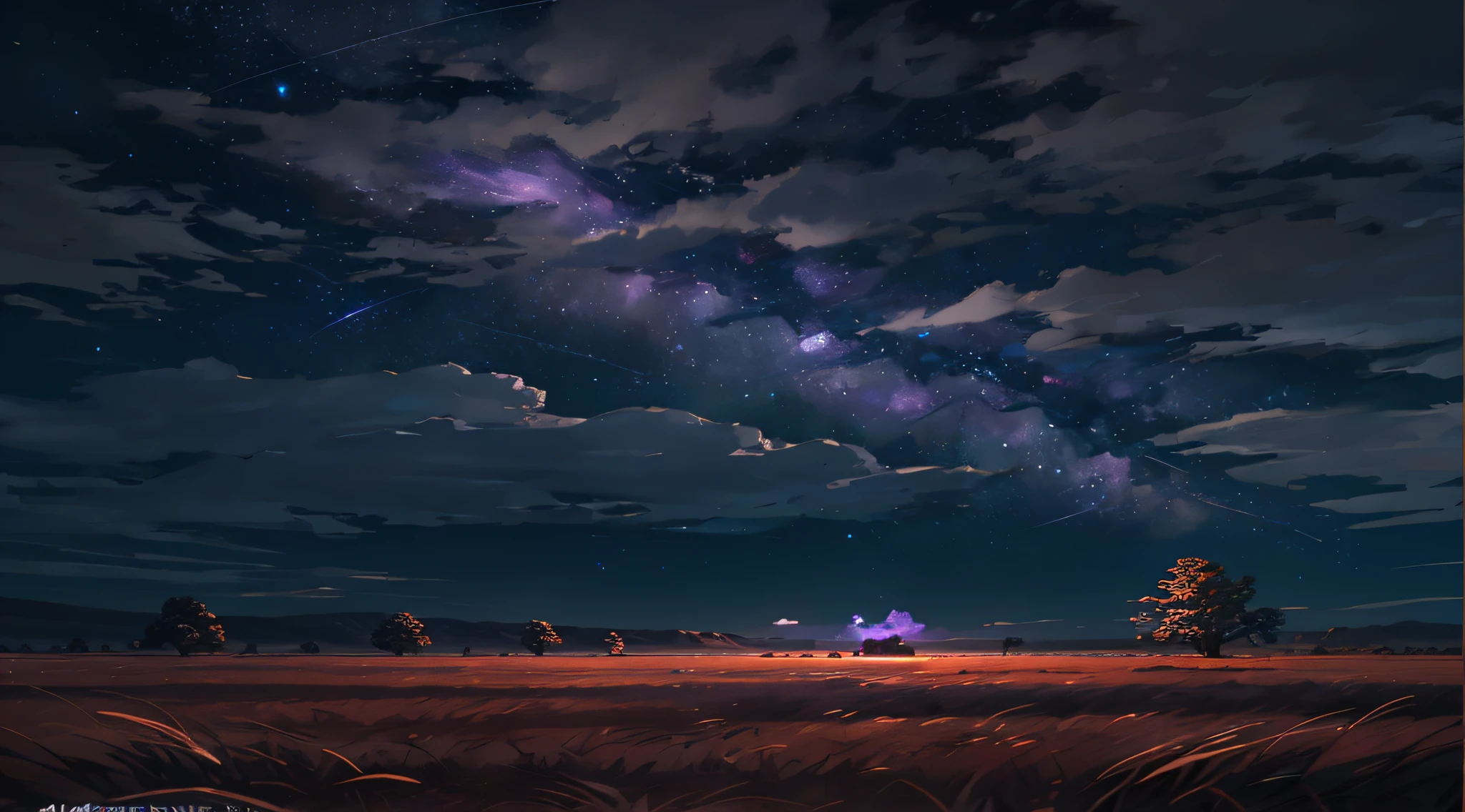 A wide landscape photo, (view from below, the sky is above, and the open field is below), (full moon: 1.2), (meteor: 0.9), (nebula: 1.3), distant mountains, BREAK Crafting Art trees, (Warm light: 1.2), (Firefly: 1.2), Lights, Very purple and orange, Intricate details, BREAK volumetric lighting (Masterpiece: 1.2), (Best Quality), 4K, Ultra Detailed, (Dynamic Composition: 1.4),  Rich in Detail and Color, (Rainbow Color: 1.2), (Brightness, Atmospheric Lighting), Dreamer, Magician, (Solo: 1.2)