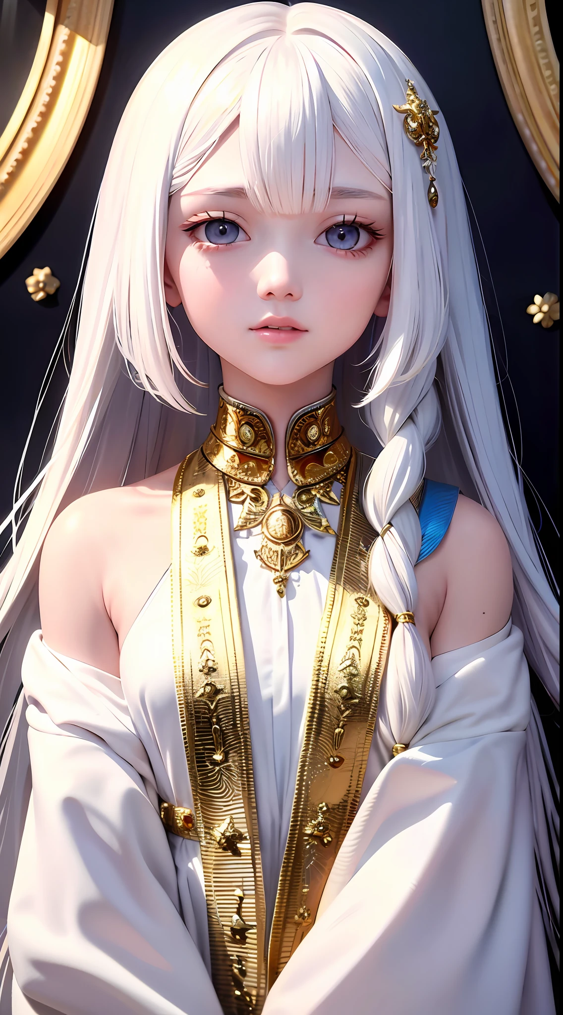 best quality, masterpiece,white hair, gold eyes,white clothes, looking up, upper body,hair strand,Fair skin,side braids