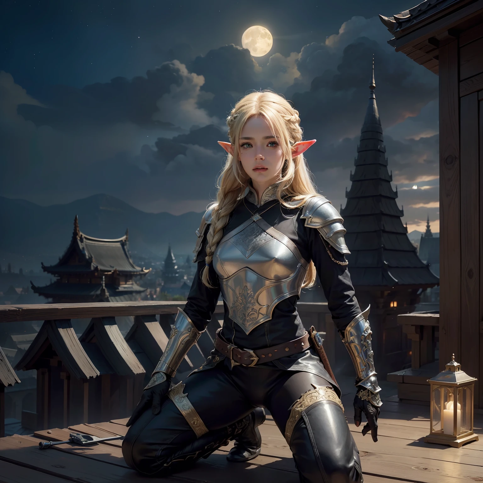 arafed, high details, best quality, 8k, [ultra detailed], masterpiece, best quality, (extremely detailed), dynamic angle, ultra wide shot, RAW, photorealistic, fantasy art, dnd art, rpg art, realistic art, a picture of an epic fantasy thief , kneeling on roof top(1.5 intricate details, Masterpiece, best quality) on top of a roof in urban fantasy city, ready for action, plenty of buildings, a temple (1.5 intricate details, Masterpiece, best quality), elf woaman, epic fantasy thief, [[anatomically correct]], blond hair, braided hair, fair skin, intense bright eyes, armed with dagger, dynamic position (1.5 intricate details, Masterpiece, best quality), small pointed ears, dark armor, full leather armor (1.4 intricate details, Masterpiece, best details), tense atmosphere, night, stars light, moon light, moon rays, stars, best details, best quality, highres, ultra wide angle