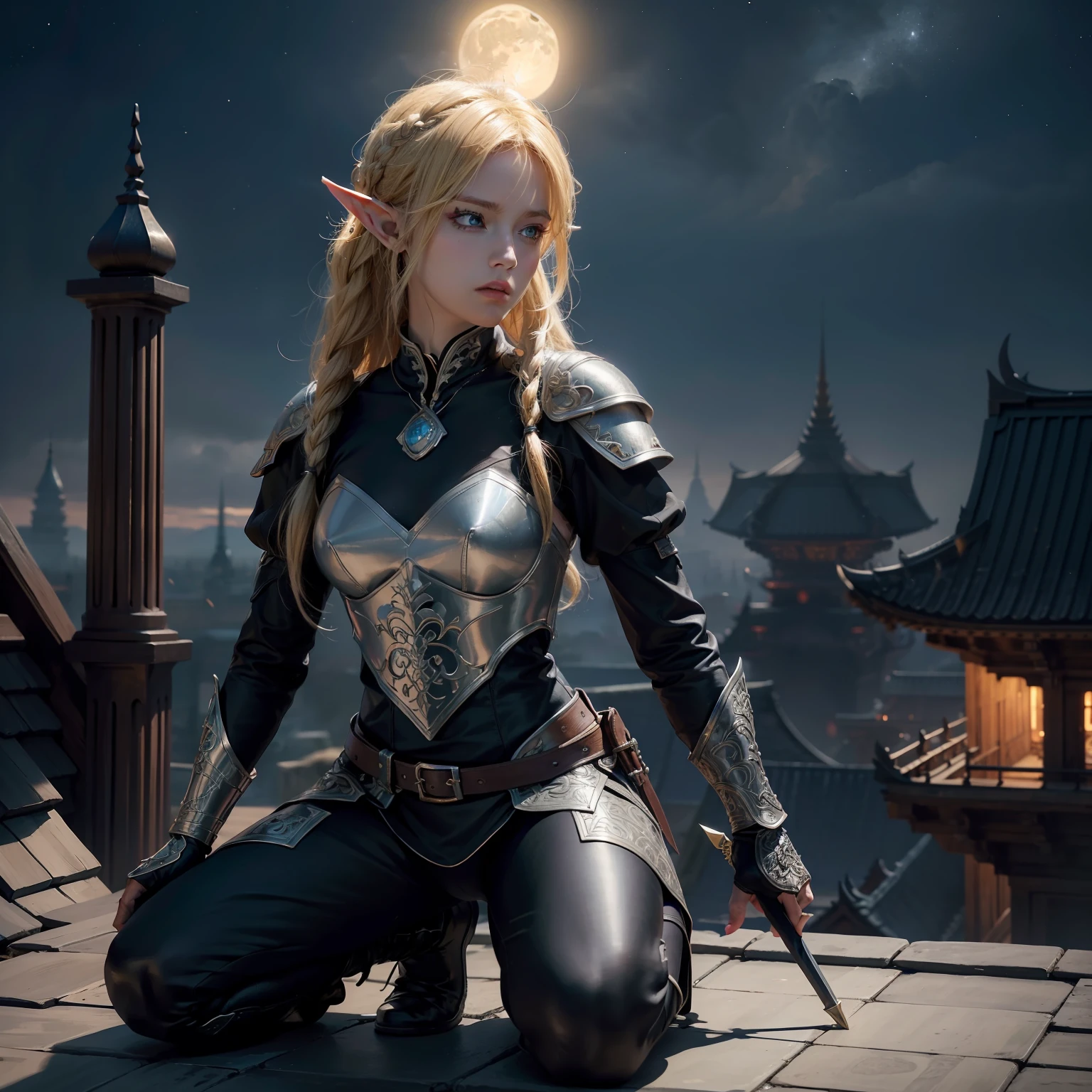 arafed, high details, best quality, 8k, [ultra detailed], masterpiece, best quality, (extremely detailed), dynamic angle, ultra wide shot, RAW, photorealistic, fantasy art, dnd art, rpg art, realistic art, a picture of an epic fantasy thief , kneeling on roof top(1.5 intricate details, Masterpiece, best quality) on top of a roof in urban fantasy city, ready for action, plenty of buildings, a temple (1.5 intricate details, Masterpiece, best quality), elf woaman, epic fantasy thief, [[anatomically correct]], blond hair, braided hair, fair skin, intense bright eyes, armed with dagger, dynamic position (1.5 intricate details, Masterpiece, best quality), small pointed ears, dark armor, full leather armor (1.4 intricate details, Masterpiece, best details), tense atmosphere, night, stars light, moon light, moon rays, stars, best details, best quality, highres, ultra wide angle