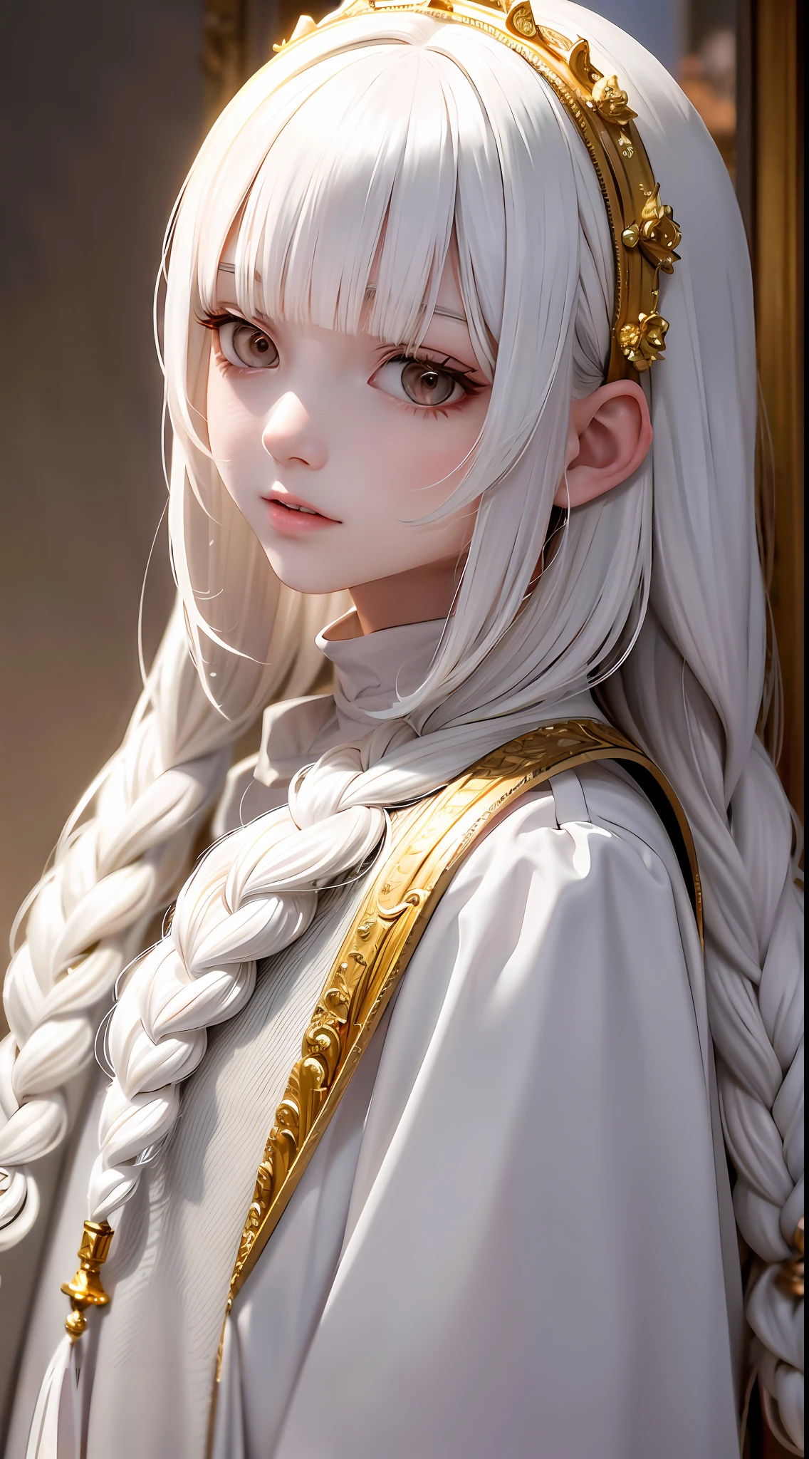 best quality, masterpiece,white hair, gold eyes,white clothes, looking up, upper body,hair strand,Fair skin,side braids