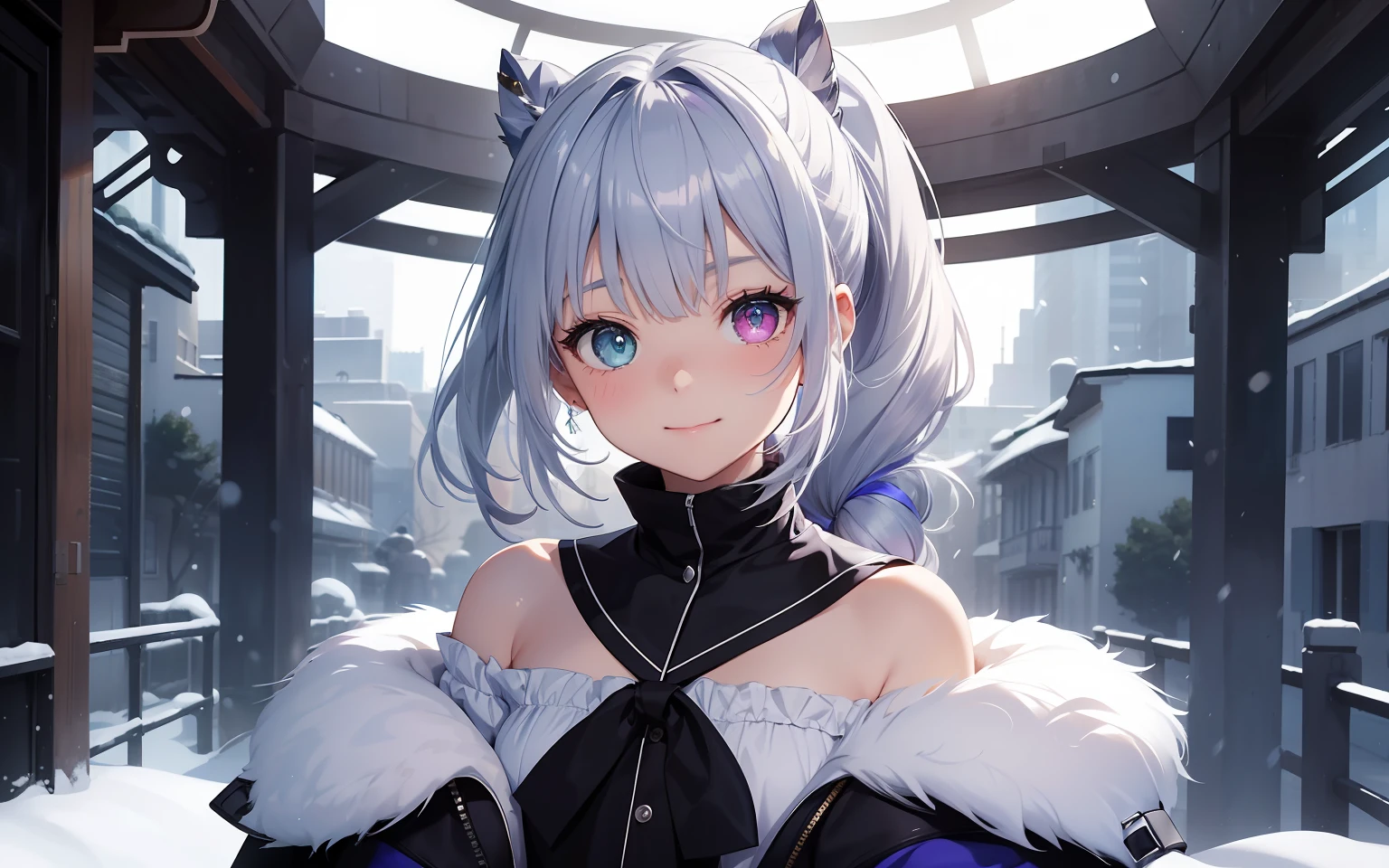 top-quality、Photorealsitic、The ultra-detailliert、Delicate、orderly、High Details、bluish-silver ponytail、(Drooping heterochromia iris:1.3)、Gamine、10yaers old、embarrassed from、A smile、A slender、cowboy  shot、blured background、(1 girl in:1.1)、GameCG、dynamic ungle、(radiant eyes:1.2)、Ambient Occlusion、ambient lights、ray trace reflection、Winters、Cute coat、（off shoulder sweater:1.3)、snowscape