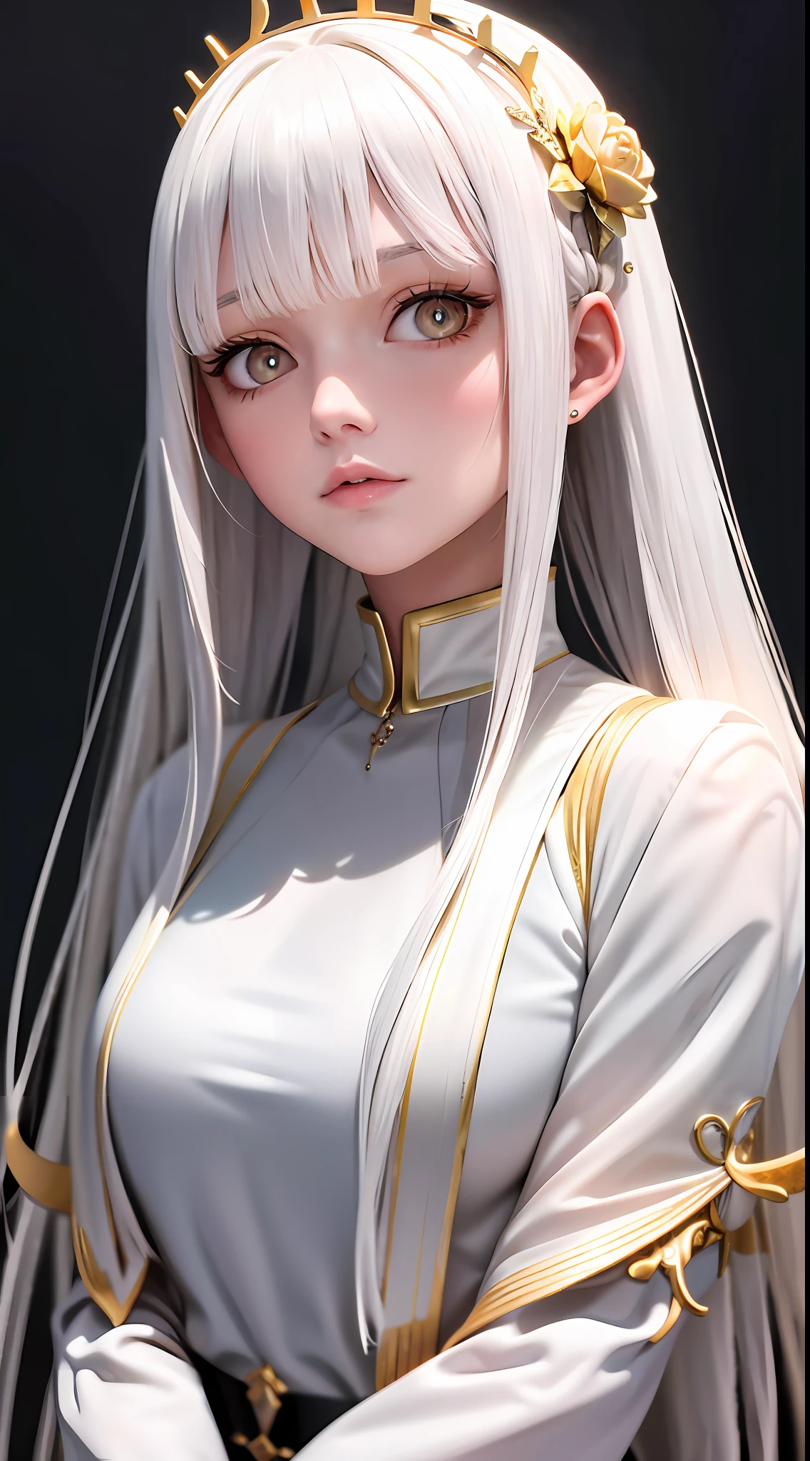 best quality, masterpiece,white hair, gold eyes,white clothes, looking up, upper body,hair strand,Fair skin,side braids