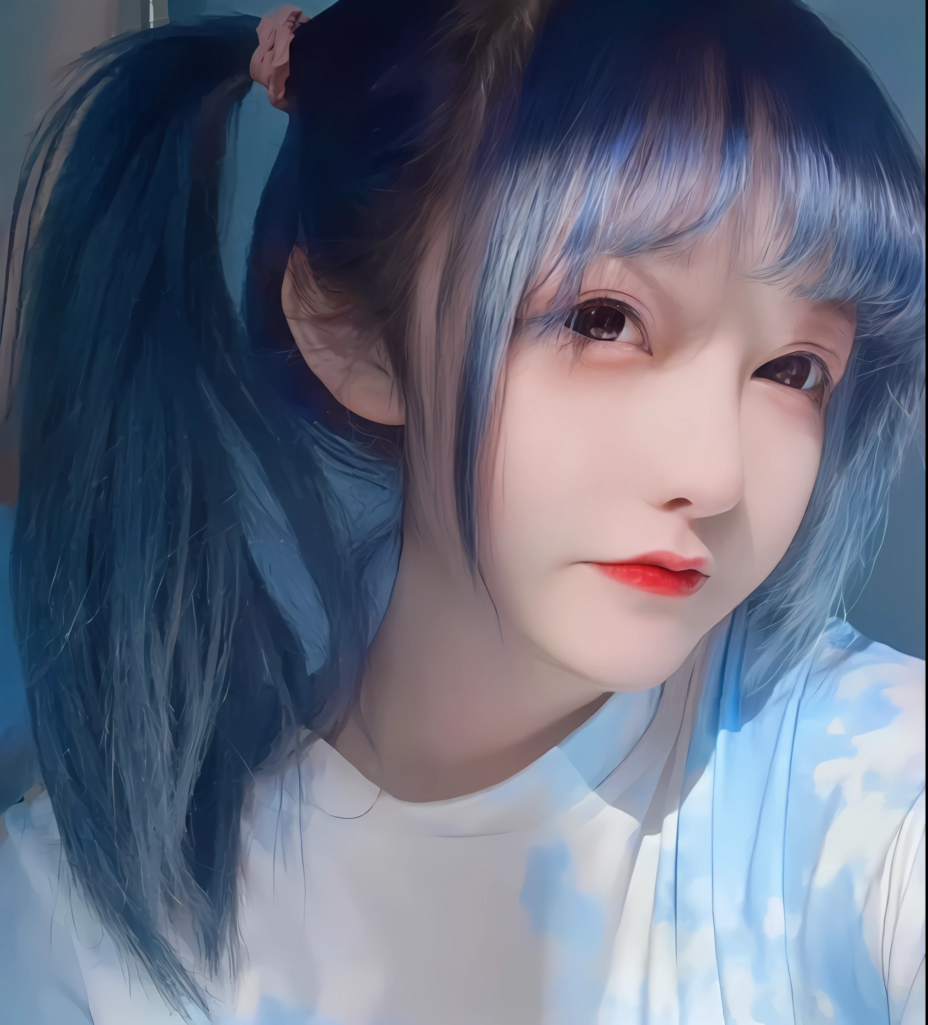 Woman posing for photo with blue hair and white underwear,, reallife, with blue hair, with blue skin, pretty girl with blue hair, beautiful blue-haired girl, Kawaii realistic portrait, Girl with blue hair, Realistic anime 3 D style, Blue hairstyle, bluish face, Anime style mixed with Fujifilm