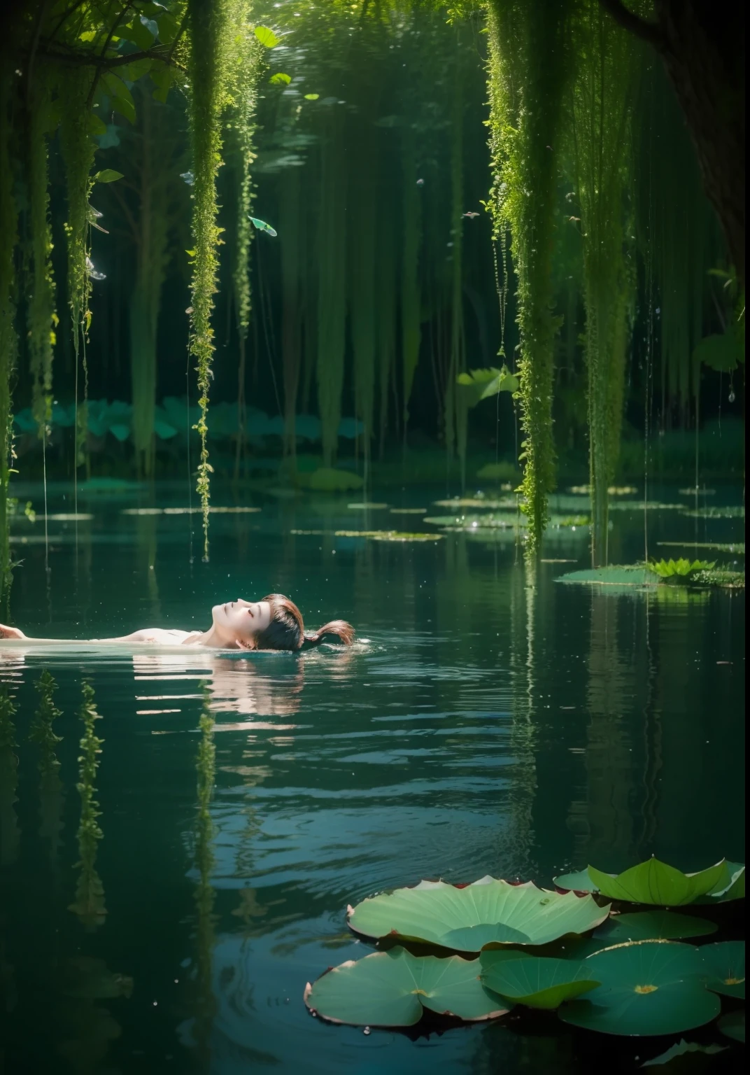 1girll,(Green dress),(Lotus pond),(water lily mat),(lotus flower:1.3),(Paper fan),(floating leaf),(ventania),(Lie down),(Transparent water:1.1),(rays of moonlight:1.3),(peacefulatmosphere:1.4),(wide wide shot),(from the above),(green colored theme:1.2),She lies in the middle of a lotus pond,glittery,Perfect match with the surrounding landscape。 beautiful night,Moonlight reflected in the water,Creates a peaceful atmosphere。 from the above,Viewers can see water lily pads and lotus flowers around her,There is a mysterious light underwater that illuminates the fish swimming gracefully around her。 Many blue butterflies danced around the girl,The green theme dominates the scene,Emerald and emerald tones highlight the natural beauty of the pond。 Rippled water and moonlight add to the tranquil mood,Make it the perfect place to relax and reflect。