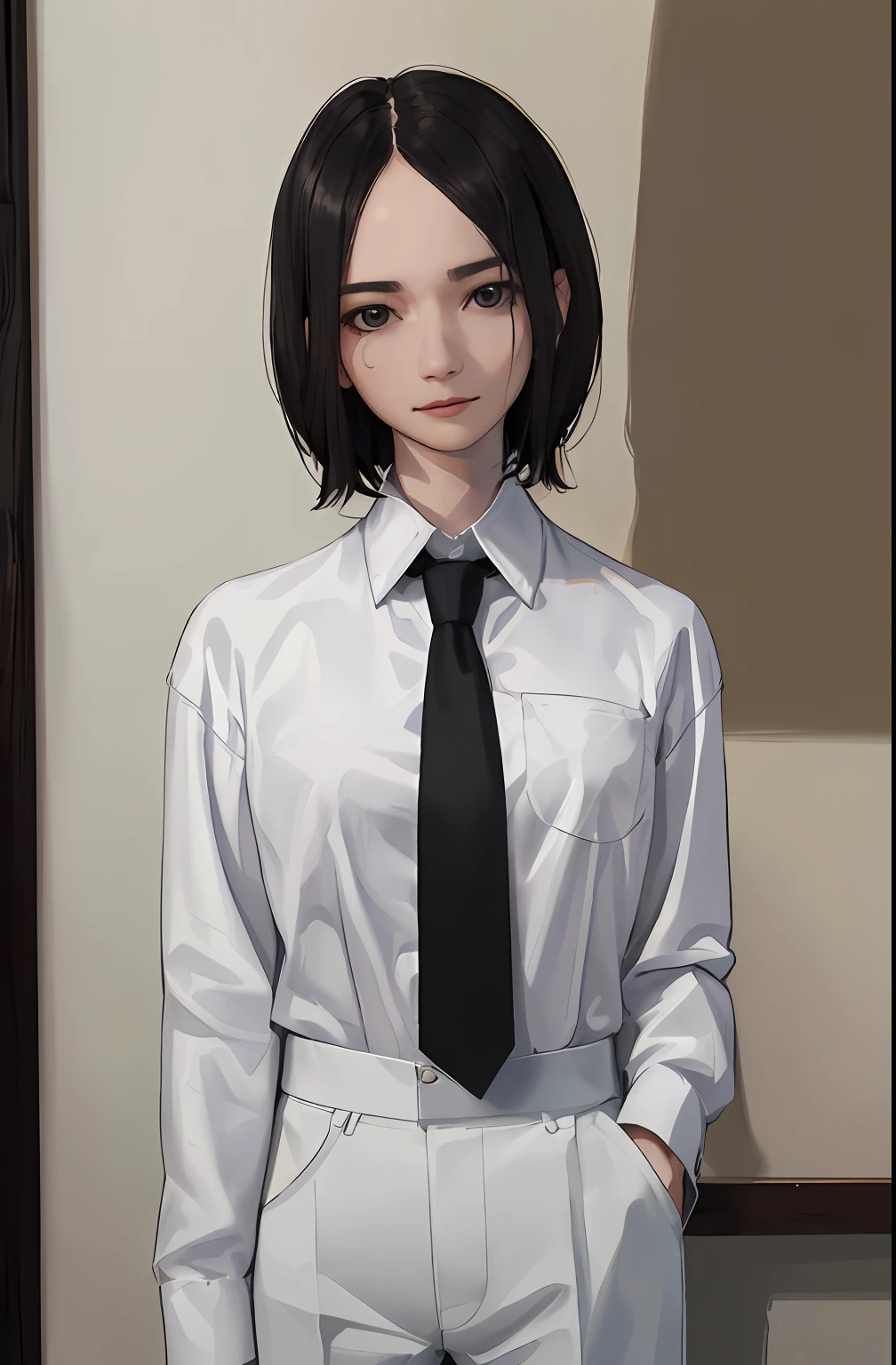 (sidelighting, finely detailed beautiful eyes: 1.2), portrait, realistic, 3d face, lustrous skin, (masterpiece, best quality, beautiful quality, looking at viewer, detailed lighting, shadows, 8k:1.4), (a picture of a woman, white shirt, necktie, parted hair, black eyes, 1girl, pants:1.4), Ayano Omoto,