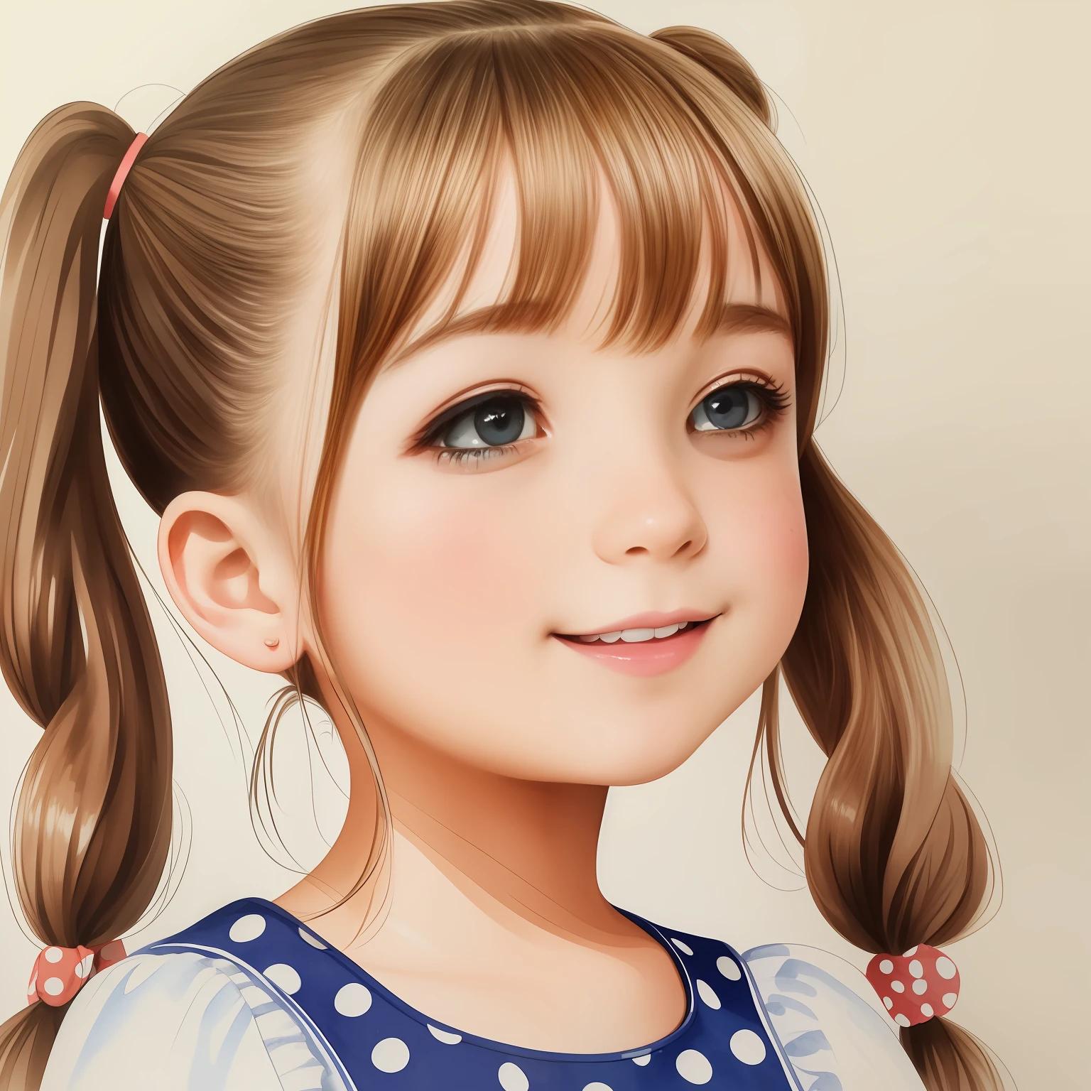 The most beautiful girl with pigtails, Detailed polka dot dress,
Detailed traced face , big expressive eyes, fondness, joying, Drawing, watercolour