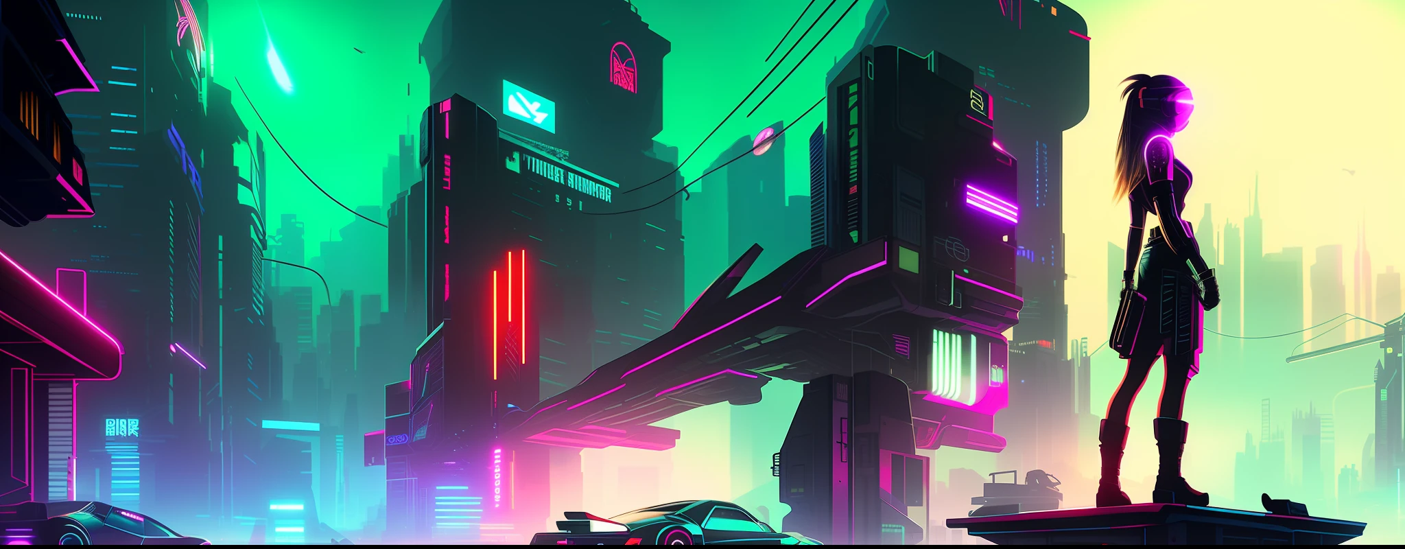 cyber punk style，The background details of cyberpunk should be rich，Gorgeous background，Synthetic vintage neon light，There are large spaceships，Cool sports car，A half-mechanical sexy girl with a heavy weapon，And the girl is located on the right side of the picture，There are also many strangely shaped weapons on the sports car