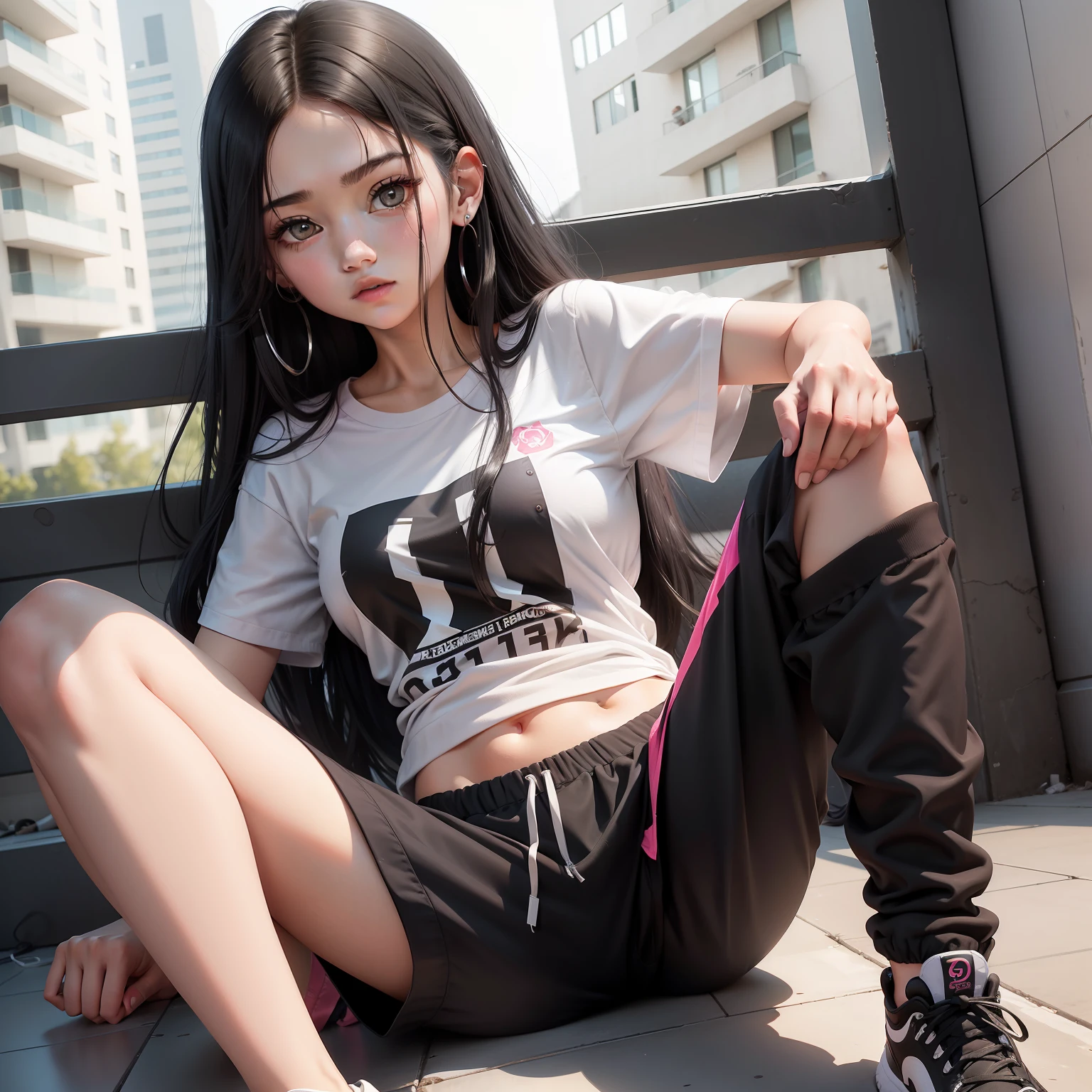 teens girl，Short sleeves in rose，Black medium long hair，Black eyes，Micro-breasted，White-gray long sweatpants