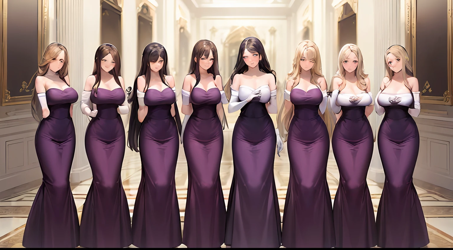 ((Masterpiece, highres)), ((thousands of, crow of)), sisters, group, identical sisters, ((one brown haired girl, one blonde girl)), long hair, curly hair, matching hairstyles, different hair color, confident, elegant, rich girls, emotionless, arms at sides, straight backs, (((matching outfits, identical outfits, purple dress, elegant dress, strapless dress, shoulder length white gloves, opera gloves))), standing in formation, many rows of sisters, shoulder to shoulder, same pose, mansion, upper body