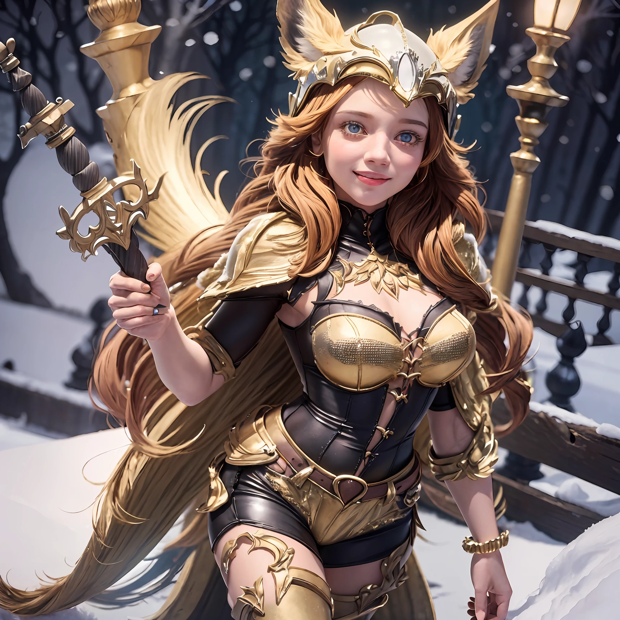 an adult fox girl, with realistic seductive aspect, beautiful + cute snow white, big bright eyes, sweet smile, sweet smile, sweet smile, dressed as a fashion model, wearing a golden crystal texture fashion suit, helmet and sword, fluffy snow white, big bright eyes, standing, fluffy tail, winter rising, flowers and gently flowing snow, Extremely detailed 3D animation rendering symmetrical center position, super realistic, super detailed, luxurious, 3, movie lights, super clear details, super transparent materials, full body view, from head to toe, complex texture, octane rendering, zbrush, 8k, ureal super realistic