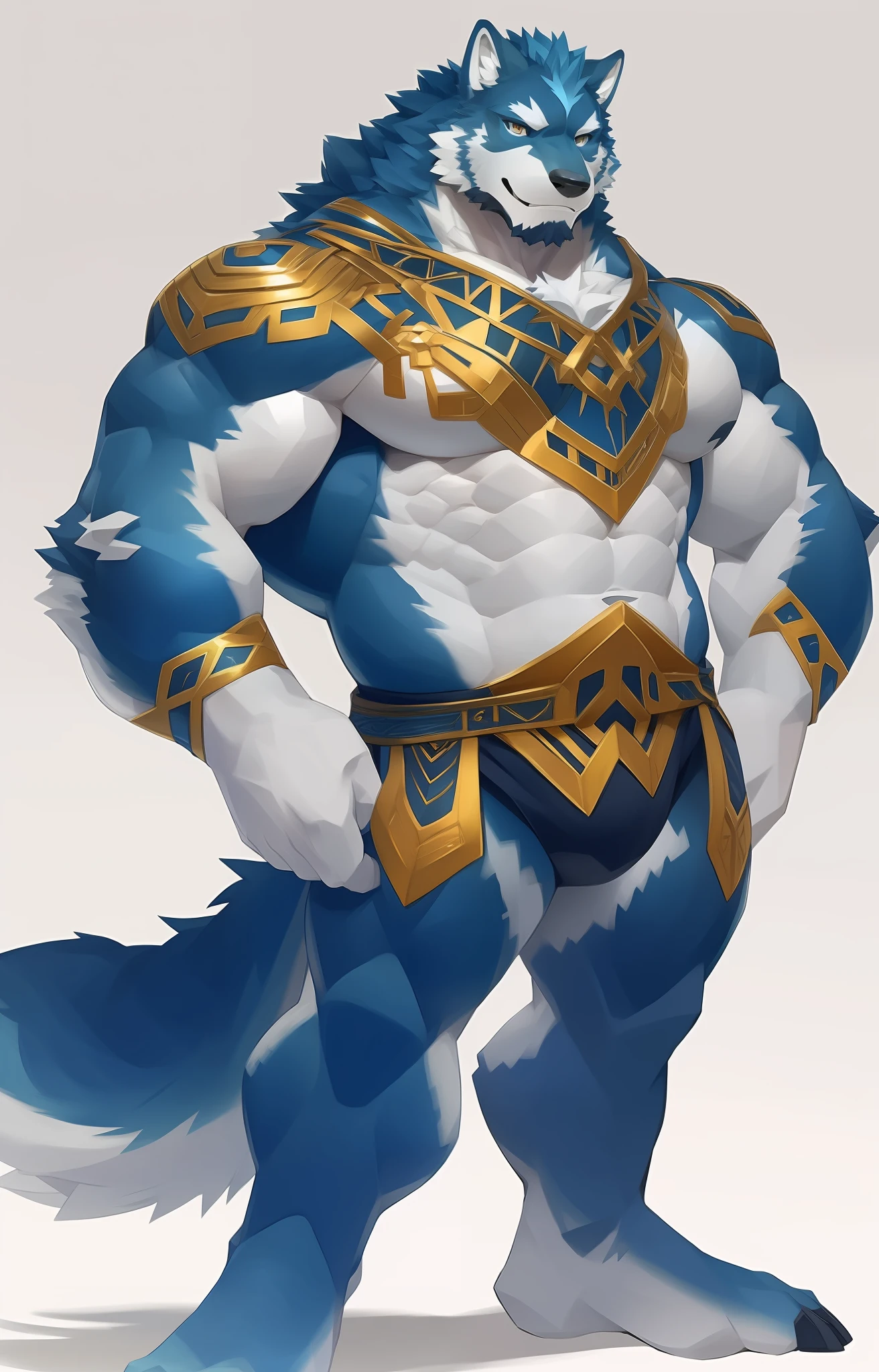 ((1guy))， 独奏， looking at viewert， 夏天， ssmile，Muscle men，sbeard，Middle Age，quality，full-color，extremy detailed，Exquisite painting style, big pecs, shirtless,idle pose,front pose,((full body)),((Blue wolf)),shirtless,posing,white underwear