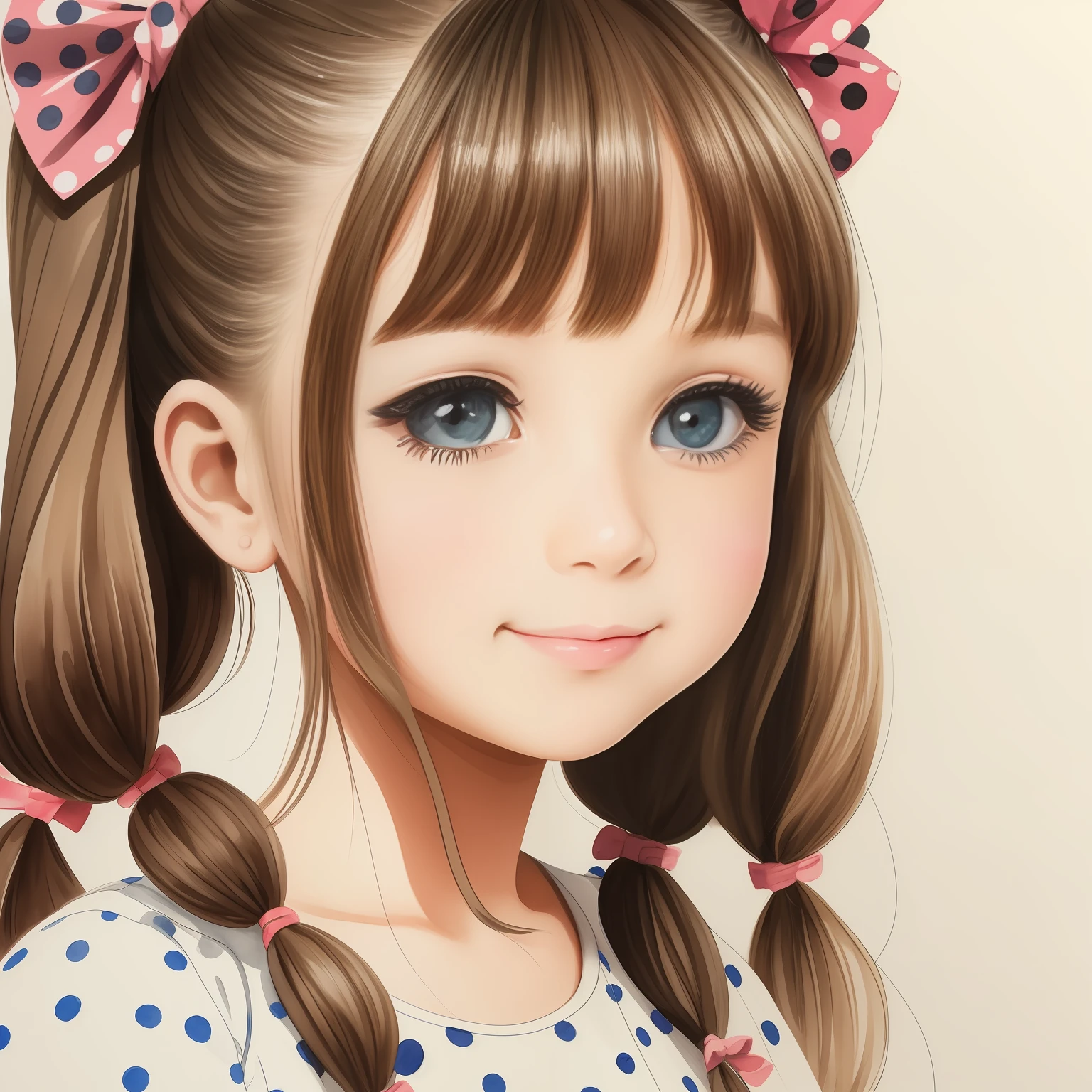 The most beautiful girl with pigtails, Detailed polka dot dress,
Detailed traced face , big expressive eyes, fondness, joying, Drawing, watercolour