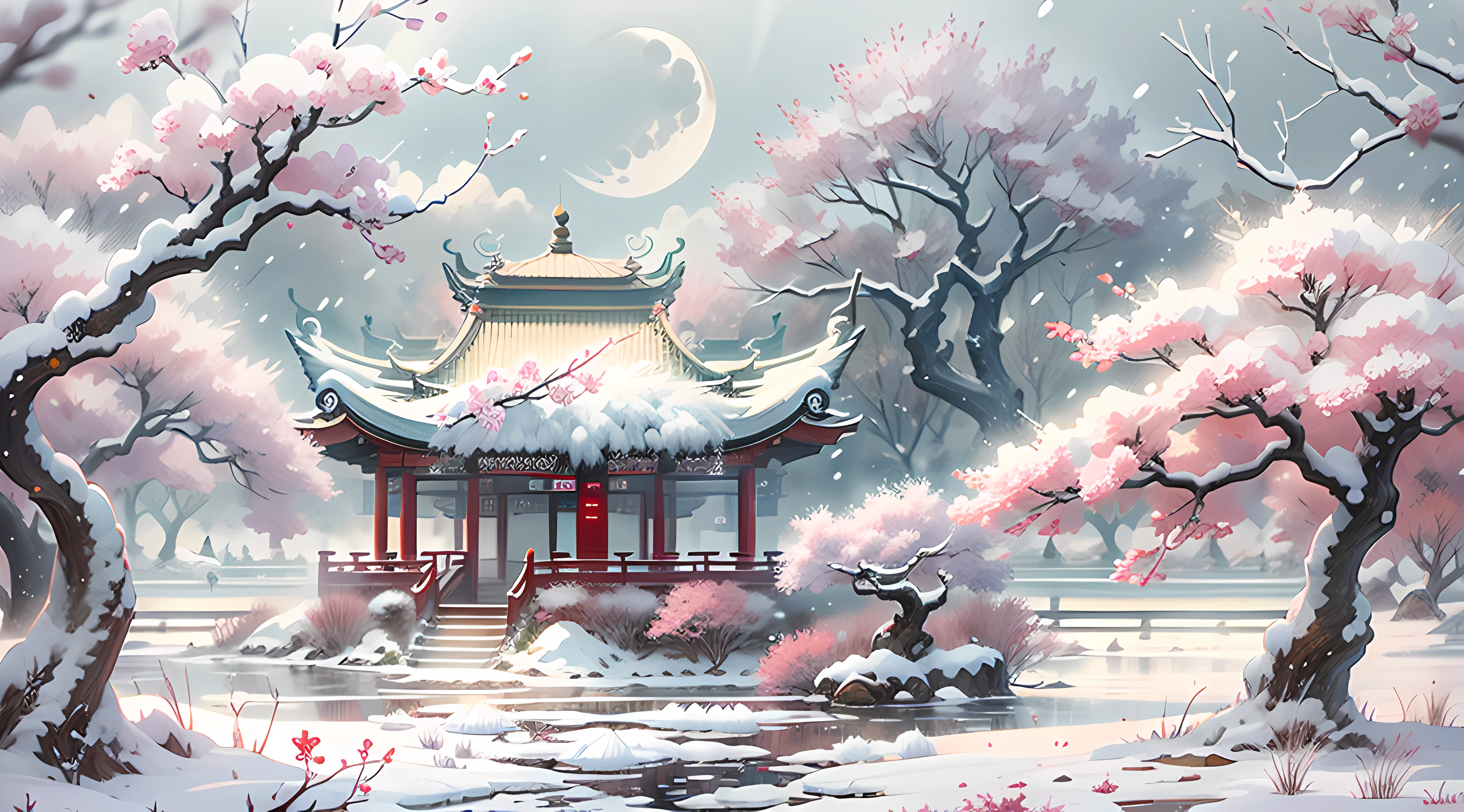 White snow,Pavilion,clubs,Plum tree,Red plum,Pink plum blossoms,Chinese Ancient Style Pavilion,Thick white snow,themoon,rays of moonlight,24K HD quality,Ultra-detailed depiction,Master painting,wallpaper hd,depth of fields,in a panoramic view,Ice Lake,