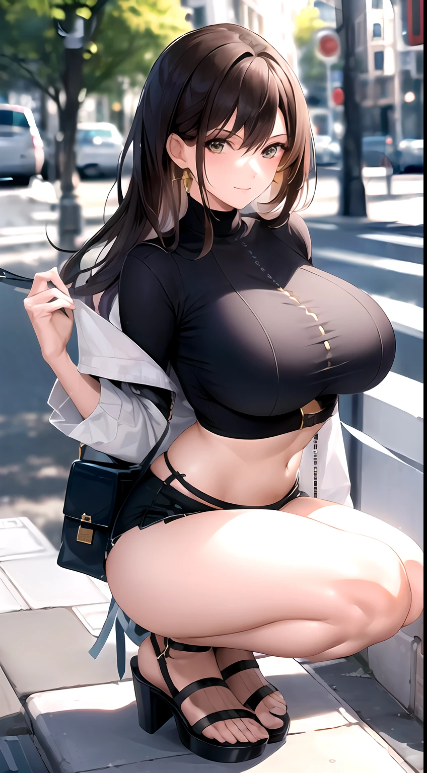 ((best qualtiy)), ((tmasterpiece)), (the detail:1.4), 3D,Complete body, Beautiful image of modern urban woman,cabellos largos dorados,huge tit,Crop topping,Superskirt,heeled sandals
