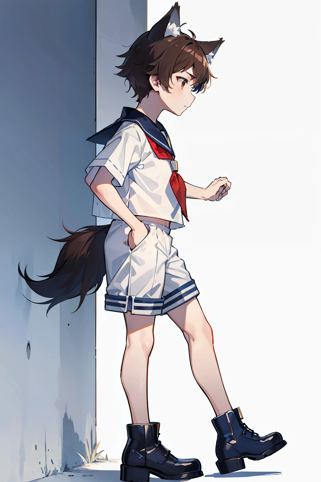 Game CG,((younge boy)),Handsome,Wolf ears,Wolf tail,Navy,(a sailor suit),White uniform shorts,Brown Martin booties,agitation,Run,Full body like,Wave impressions,Side view angle