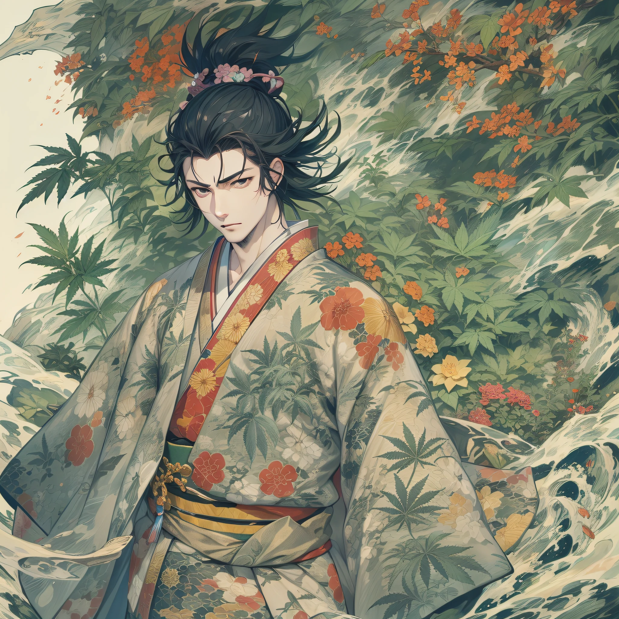 Japan myths、Susanoo、King of Cannabis、wear kimono、Yamata no Orochi、knifes、Anime style、top-quality、Super beautiful shape、A young man
