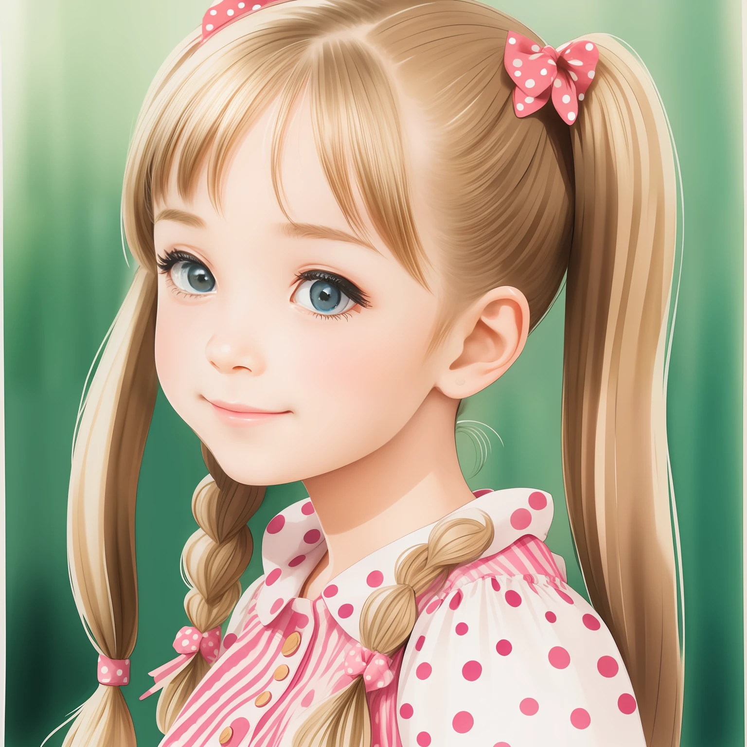 The most beautiful girl with pigtails, Detailed polka dot dress,
Detailed traced face , big expressive eyes, fondness, joying, Drawing, watercolour
