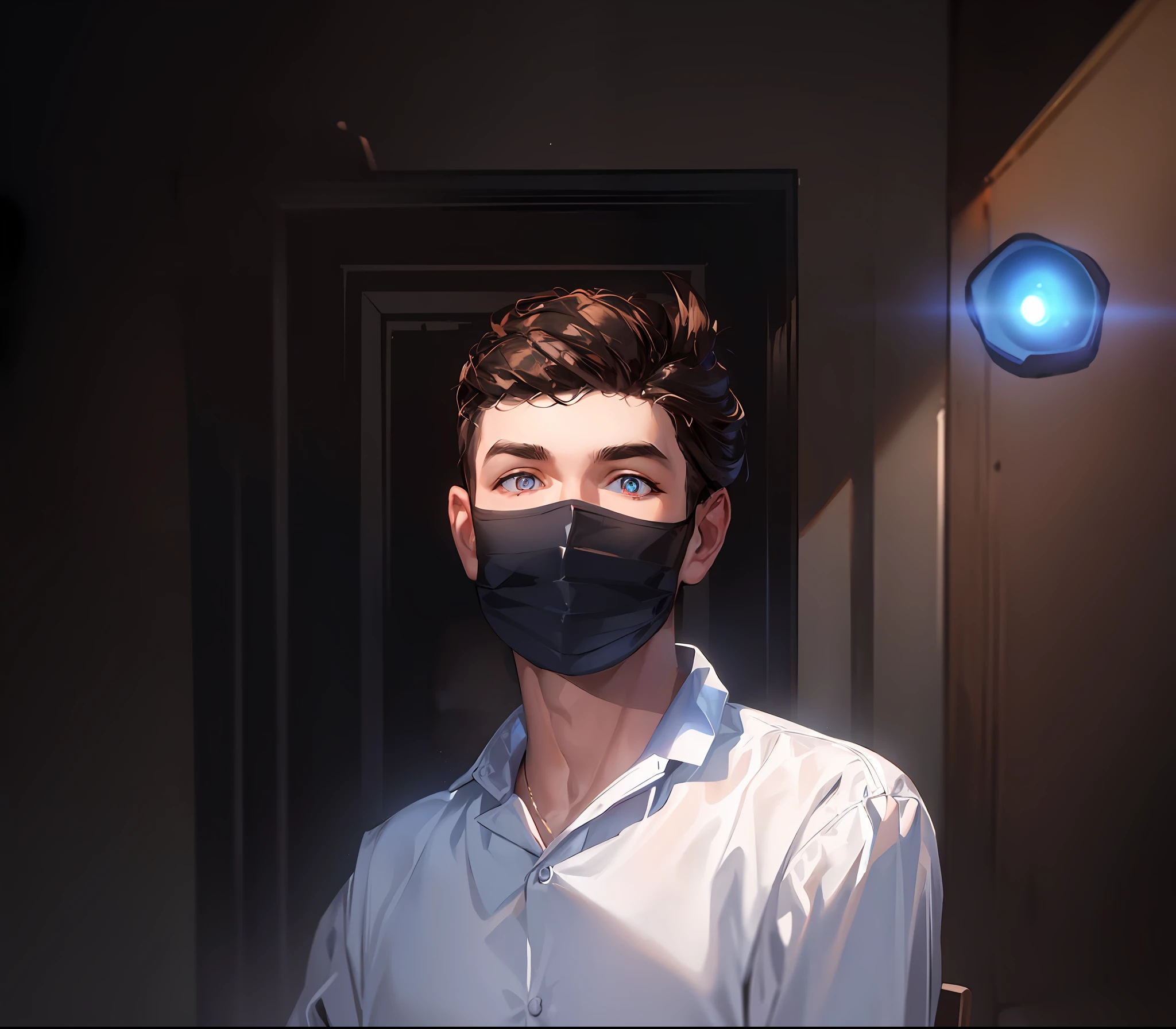 ((masterpiece)),(best quality),(detailed),(1boy), brown hair, blue glowing eyes, Updo, white shirt, looking down on the viewer