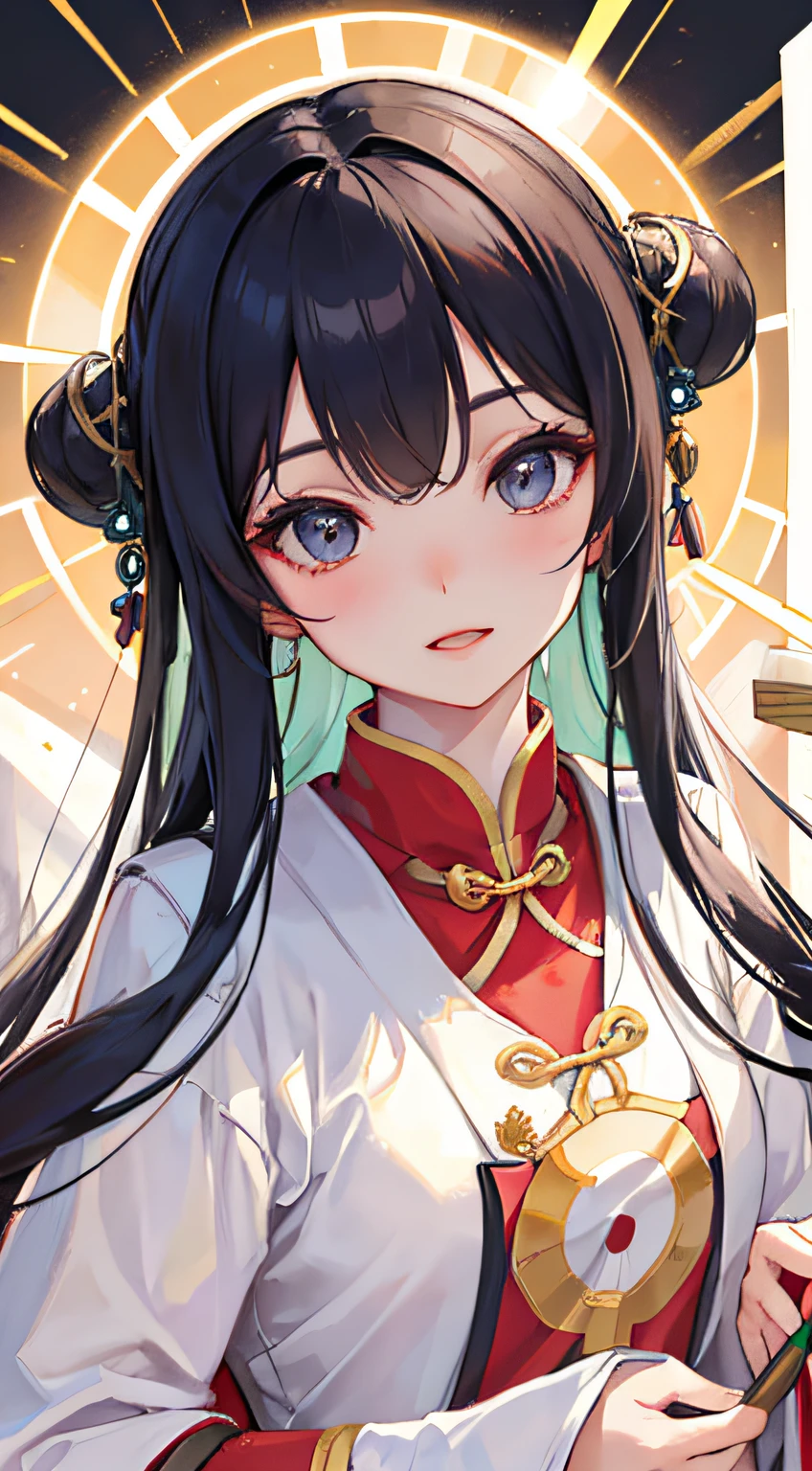 one-girl, Ancient Chinese clothing, full bodyesbian, rays of sunshine, Clear face, Clean white background, tmasterpiece, whaite hair,White gloves,super detailing, Epic composition, hyper HD, high qulity, extremely detaile, offcial art, Uniform 8k wallpaper, super detailing, 32k