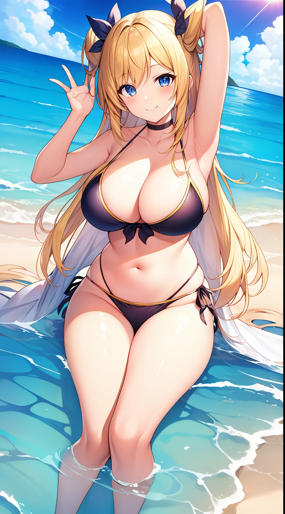 top-quality、masutepiece、1girl in、Blonde Gal、Fancy Bikini、fleshy body、voluptuous breasts、Invincible smile、the beach、Cute anime illustration