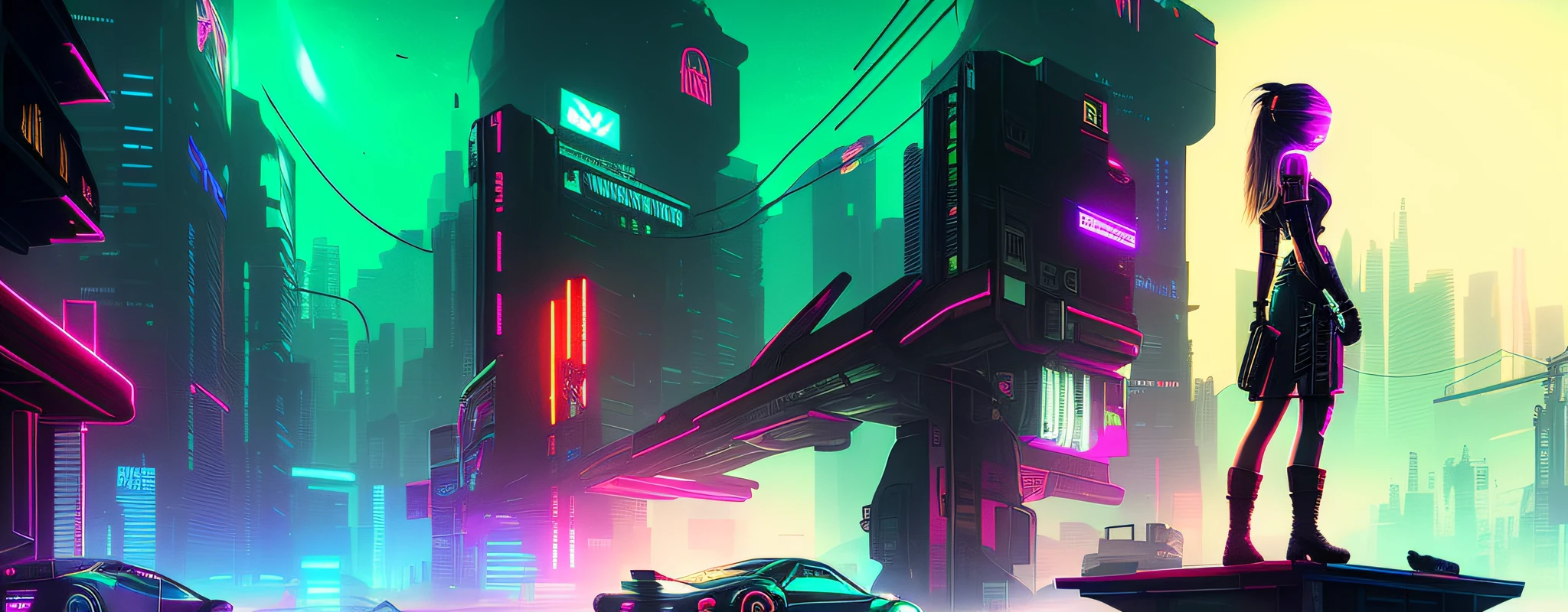 cyber punk style，The background details of cyberpunk should be rich，Gorgeous background，Synthetic vintage neon light，There are large spaceships，Cool sports car，A half-mechanical sexy girl with a heavy weapon，And the girl is located on the right side of the picture，There are also many strangely shaped weapons on the sports car