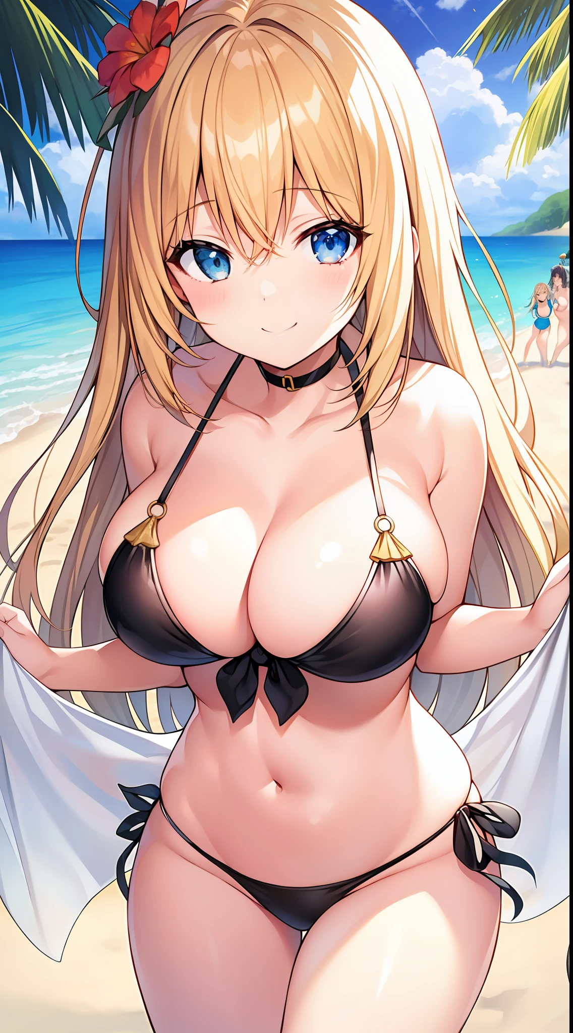 top-quality、masutepiece、1girl in、Blonde Gal、Fancy Bikini、fleshy body、voluptuous breasts、Invincible smile、the beach、Cute anime illustration