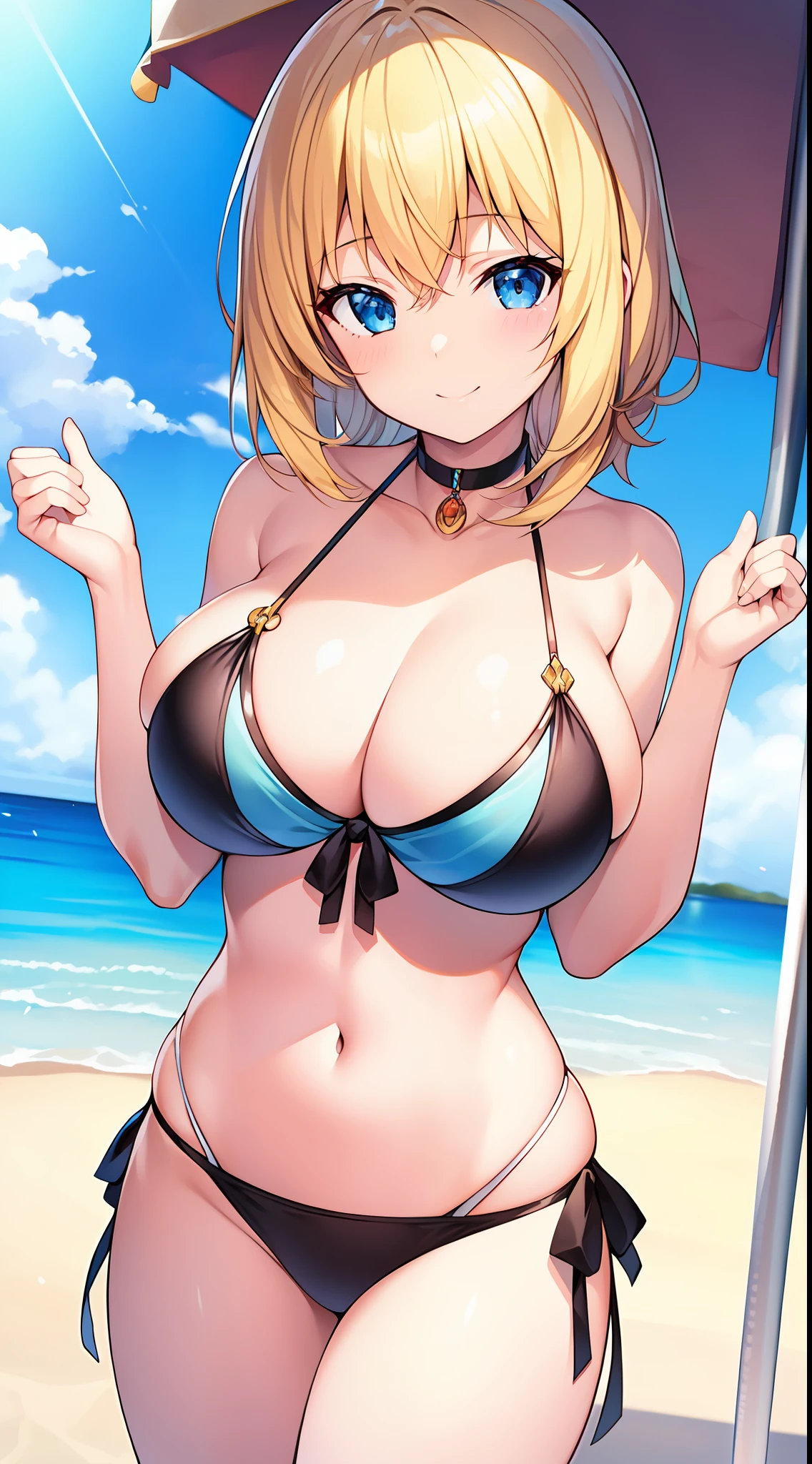 top-quality、masutepiece、1girl in、Blonde Gal、Fancy Bikini、fleshy body、voluptuous breasts、Invincible smile、the beach、Cute anime illustration