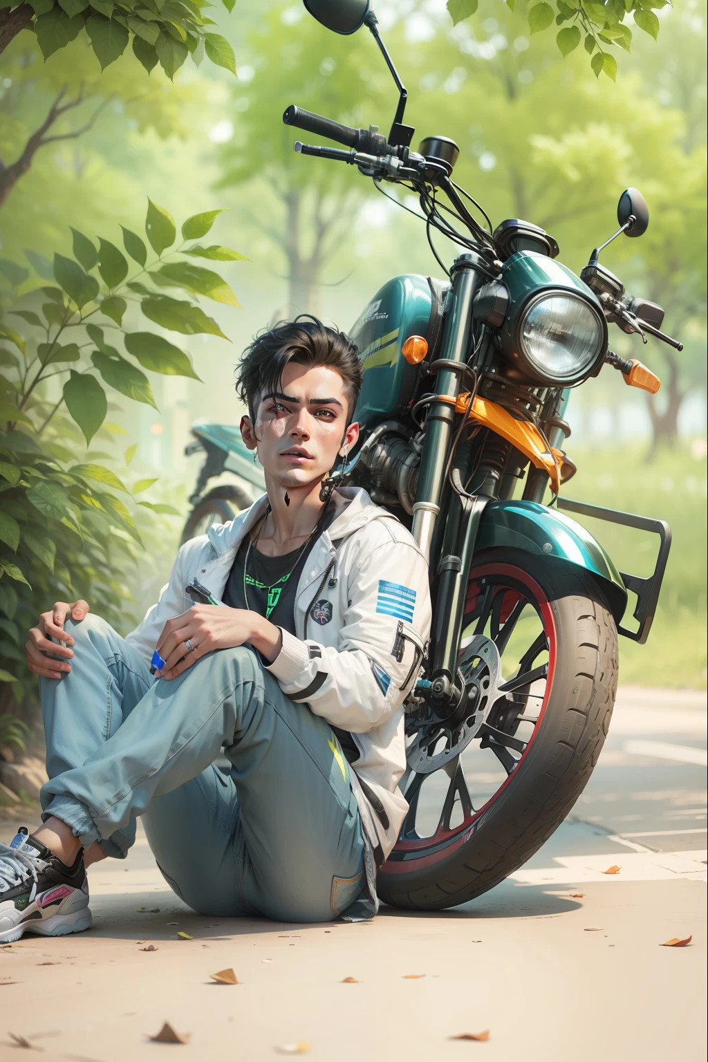 Background change cyberpunk handsome boy with brand bike ultra modem realistic face