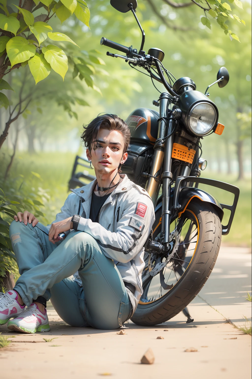 Background change cyberpunk handsome boy with brand bike ultra modem realistic face