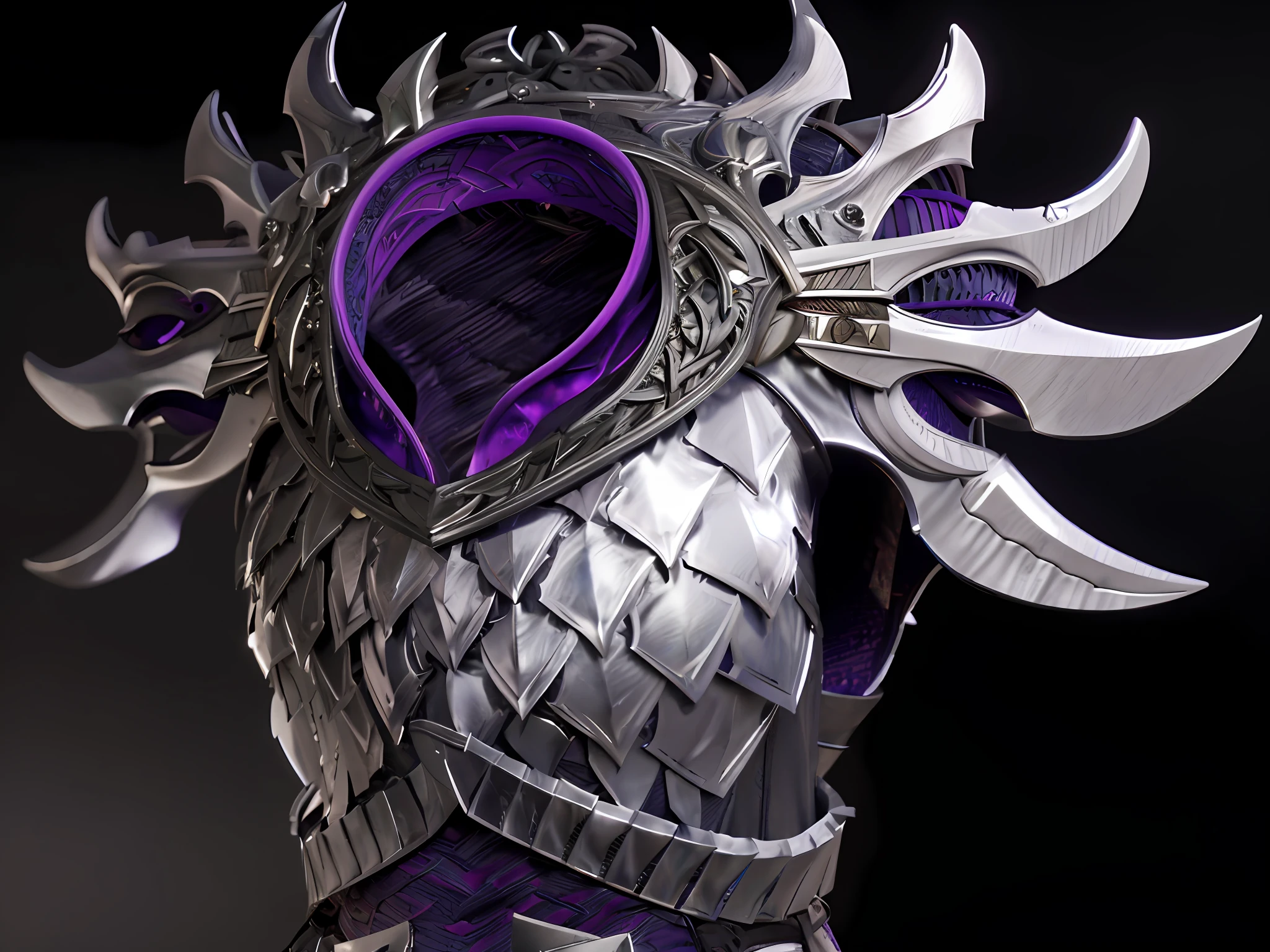 Close-up of stainless steel armor with purple ribbon, Intricate armor details, dragon inspired armor, photogenic details on armor, Purple armor, Gorgeous armor full of thorns, intricate fractal armor, fantasy inspired dragon armor, Detailed armor, purple glowing core in armor, Dragon scale armor, Detailed fantasy armor, intricate armor, demonic dragon inspired armor, Barbed metal armor