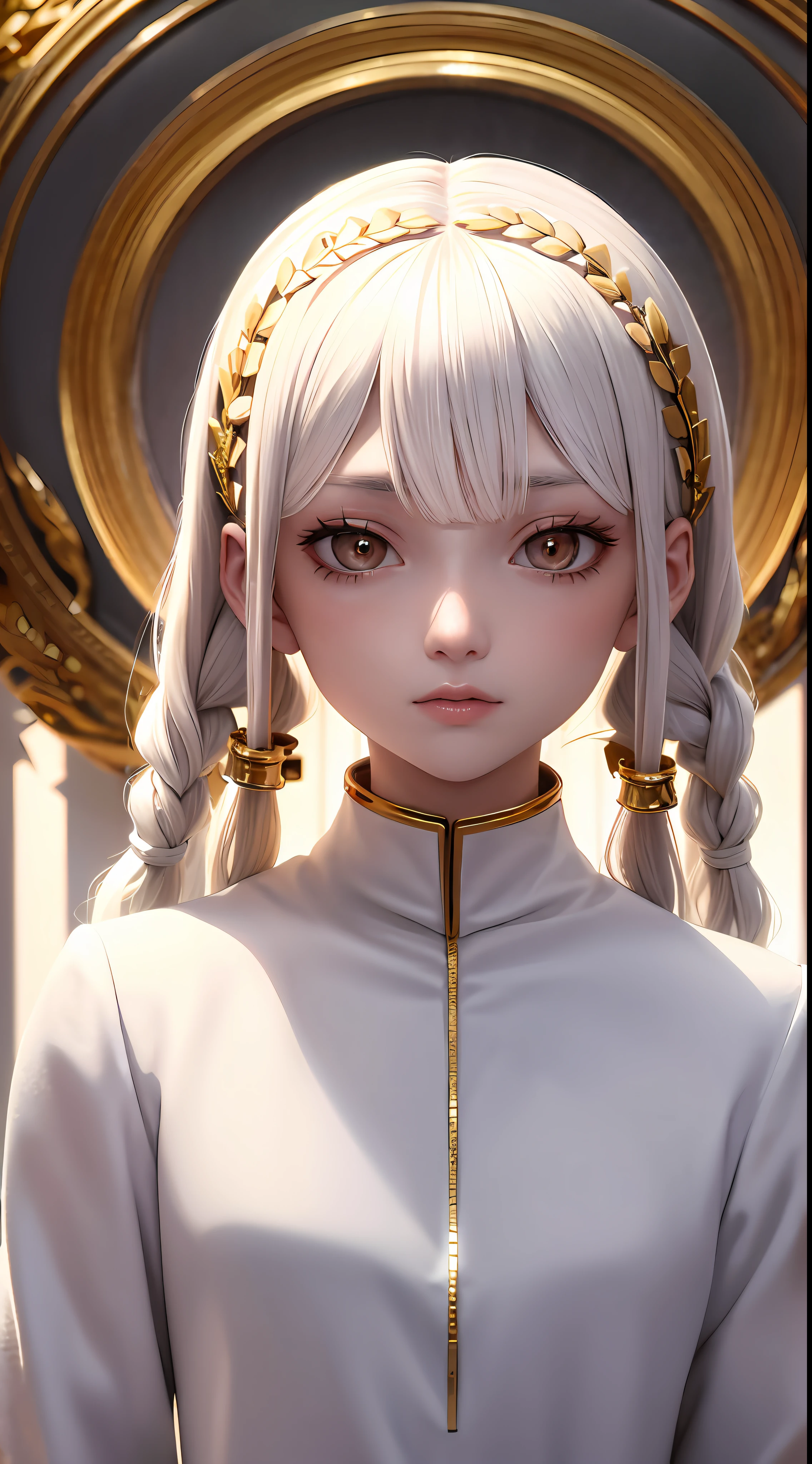 best quality, masterpiece,white hair, gold eyes,white clothes, looking up, upper body,hair strand,Fair skin,side braids