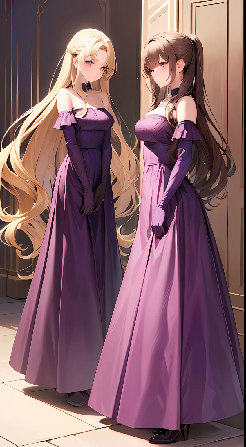 ((Masterpiece, highres)), 2girls, duo, twins, ((one brown haired girl, one blonde girl)), long hair, curly hair, matching hairstyles, different hair color, confident, elegant, rich girls, emotionless, arms at sides, straight backs, (((matching outfits, identical outfits, purple dress, elegant dress, shoulder length white gloves, opera gloves))), side by side, same pose, mansion