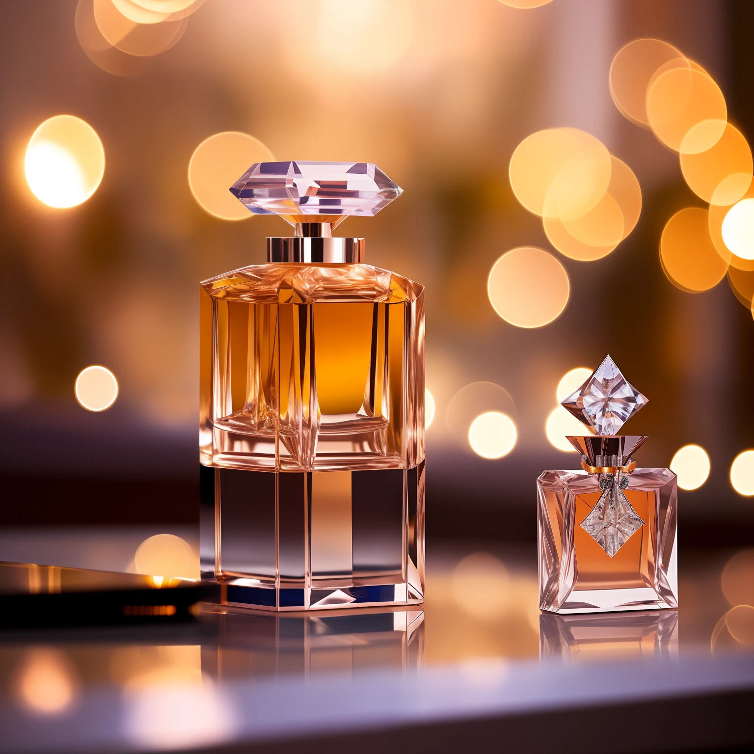 A bottle of perfume is placed on a glass table，exquisite detailing，Product photo，Artistically，swarovski，Vivid shots