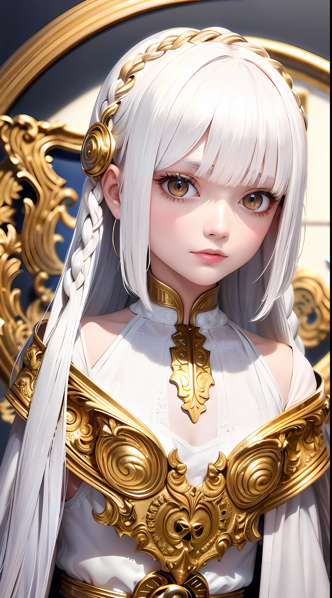 best quality, masterpiece,white hair, gold eyes,white clothes, looking up, upper body,hair strand,Fair skin,side braids
