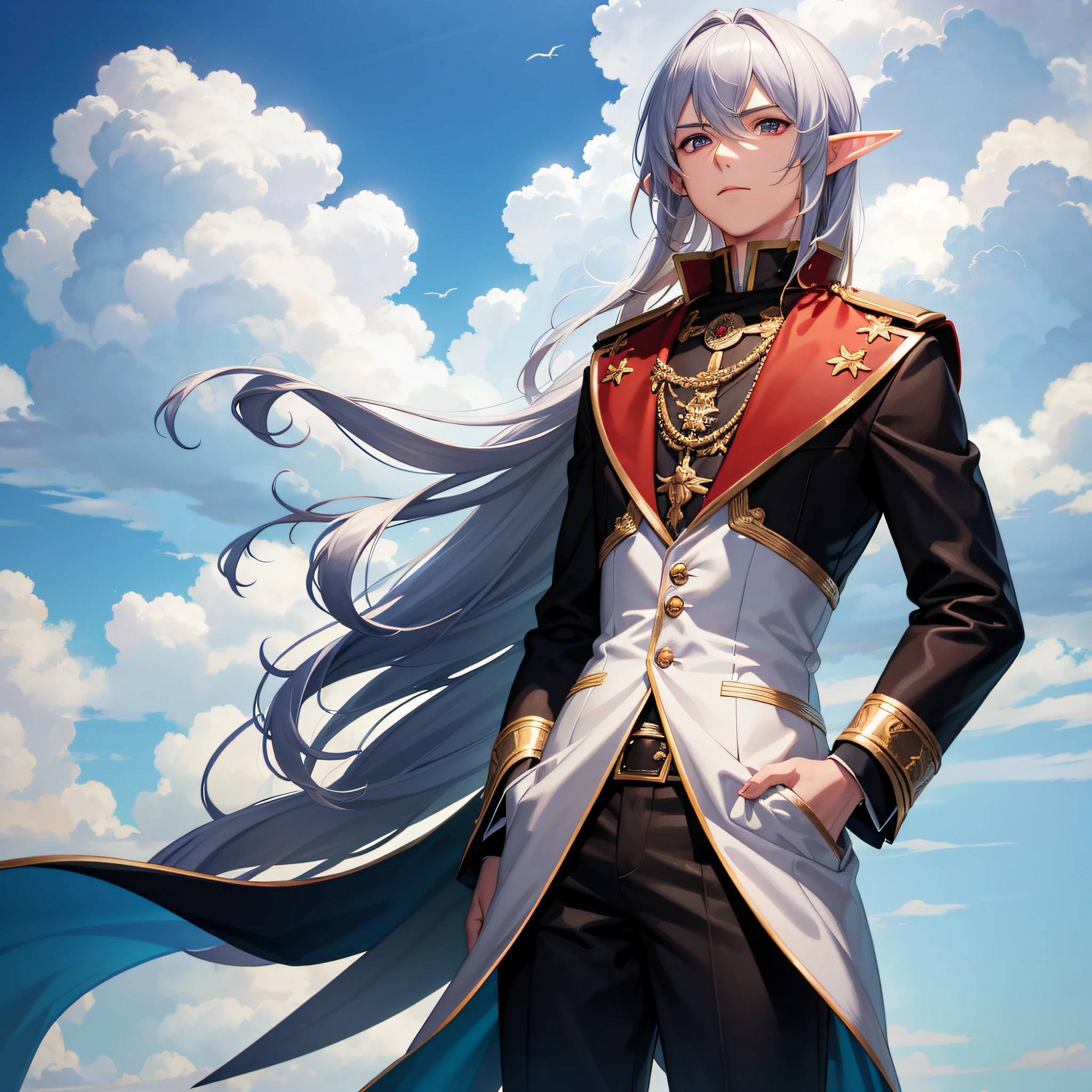 tmasterpiece,HighestQuali,illustration,solo person,Boys and Men,the elf,UHR,Cloud,hands in a pocket,Frontal photo,whaite hair,Red eyes