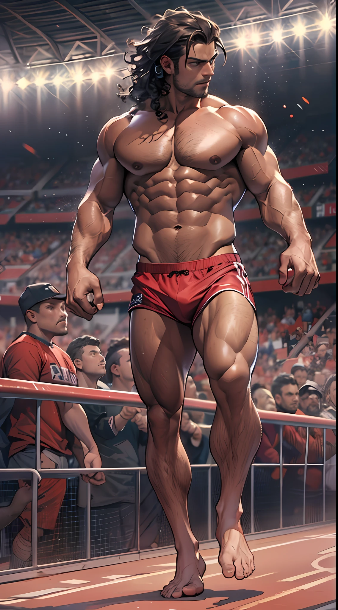 Robust champion man, torso exposed, legs bare from thighs to feet flowing long curls, meticulous muscle definition, lifelike representation, 4K resolution. Background: Stadium filled with cheering spectators,32k uhd, best quality, masterpiece, super detail, high details
