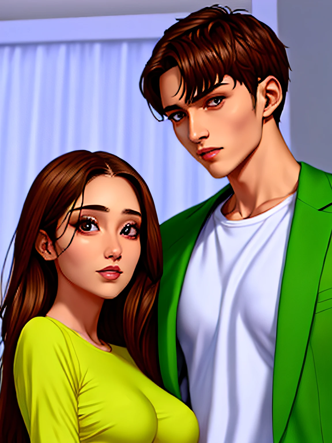 (Prompt) casal se olhando apaixonadamente, mulher com lindos cabelos castanhos e olhos verdes, homem com um belo rosto e olhos castanhos, height difference, roupas normais