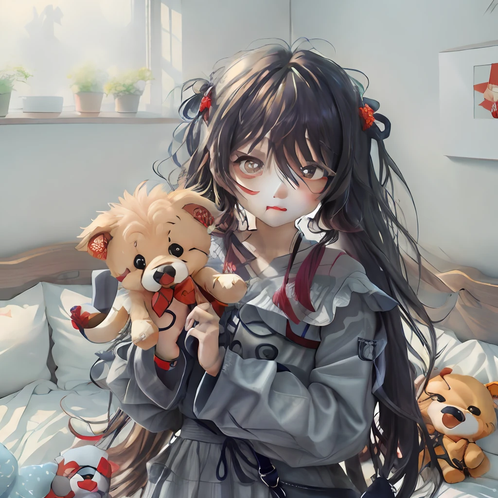 Girl holding plush toy puppy,Soft moe anime illustration,Cute Japanese cartoon style