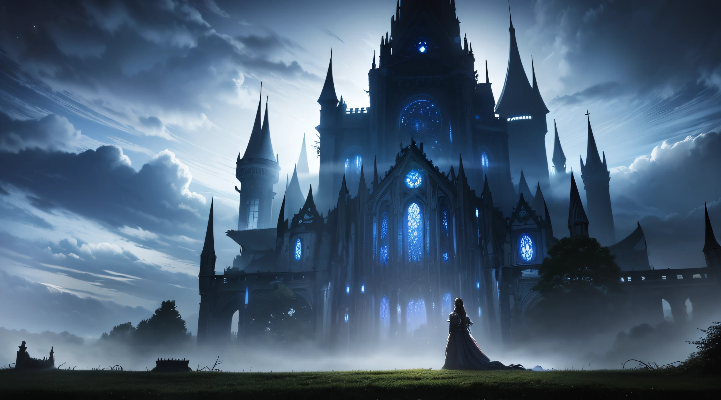 top-quality、A hyper-realistic、((mid night)、dark sky、darkness、​​clouds)、A large dark castle towering in front of you、myriad big cracks、Wall on the verge of collapse、Overgrown ivy tree、It is said that evil spirits lived there、Very creepy appearance、Ambient fog、Chilly air、Very frightening atmosphere、(Big gate)