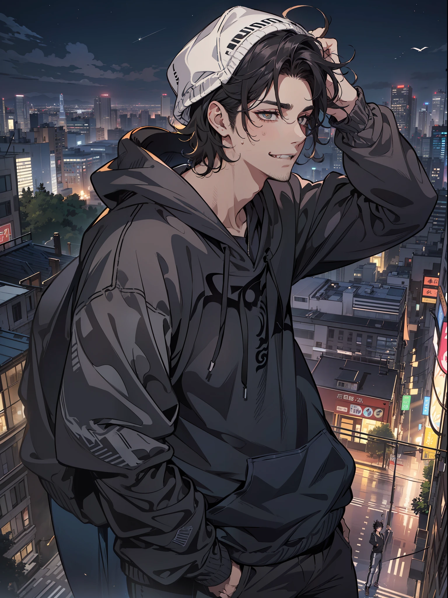 ((highest quality, masterpiece, 4k, finely detailed, detailed eyes, detailed face, gelbooru, pixiv)), ((solo)), 1 male, (handsome, masculine, adult male, broad shoulders), ((chin stubbles)), (smiling with fangs showing, looking at viewer), ((lazy eyes, tired eyes, half-lidded, eyebags under eyes, black eyes with white pupils)), ((dark hoodie, sweatpants)), ((black hair, medium length hair, shaggy hairstyle, messy hair)), (city background at night, bird's eye view, standing with hands in pockets)