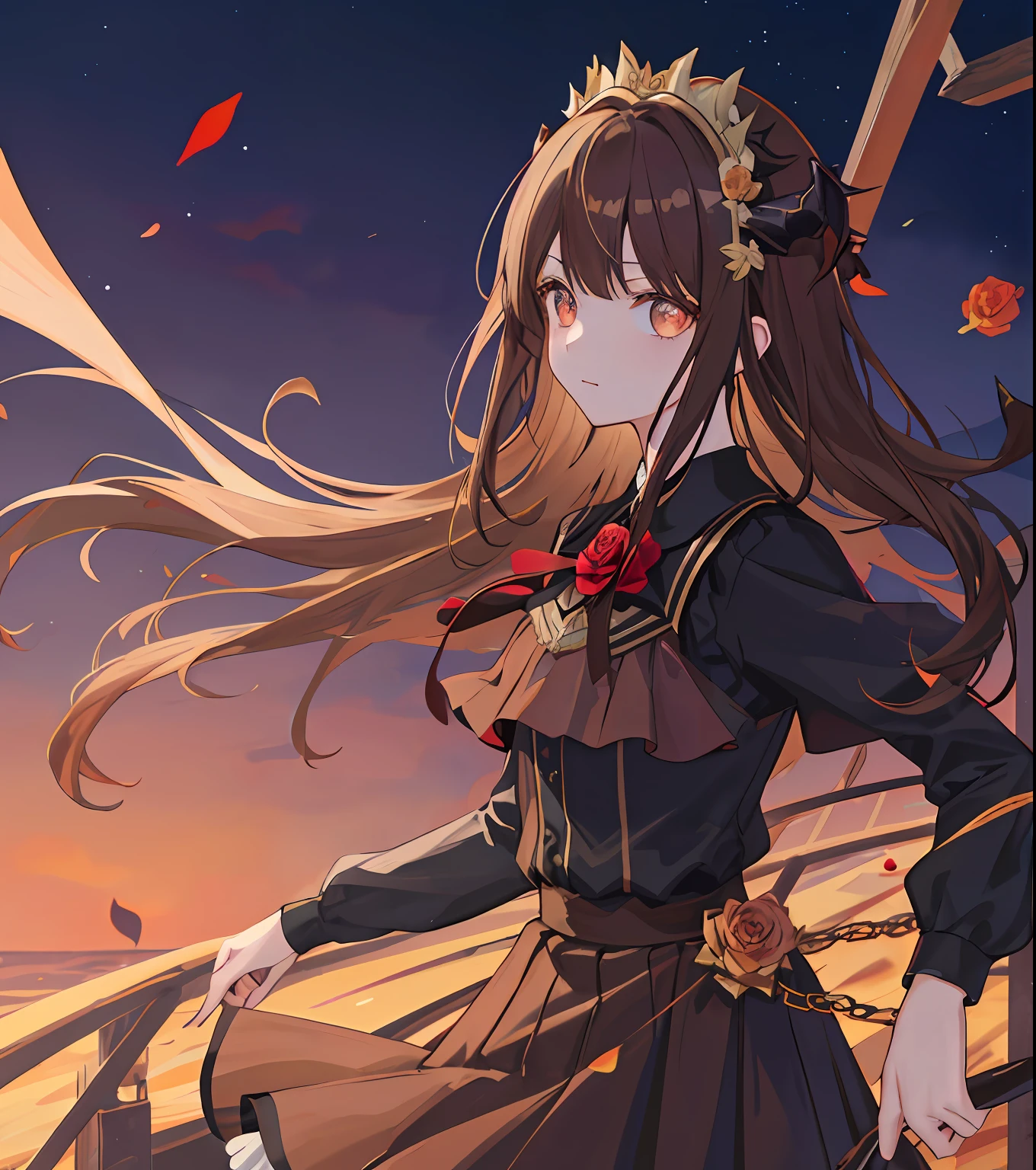 Masterpiece quality,The best quality assurance。A brown hair、Cute girl with golden eyes。Tsundere,Wearing a short Gothic skirt,Exudes magic,With a rose headdress,English-style top,Long hair flutters in the wind,adolable,devil horns,the sea,nigth