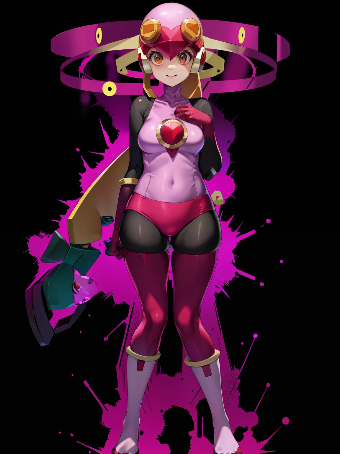 masutepiece,Best Quality,1girl in,roll_.....exe_megamanbn,(helmets),Blonde hair,Long hair,Leotard,Pink eyes,Purple bodysuit,body suit,Eyes without light,moderate breast bulge,Thin laughter,Nails with sharp fingertips,Tied to a machine,glowing circuit background,Black lightning strike